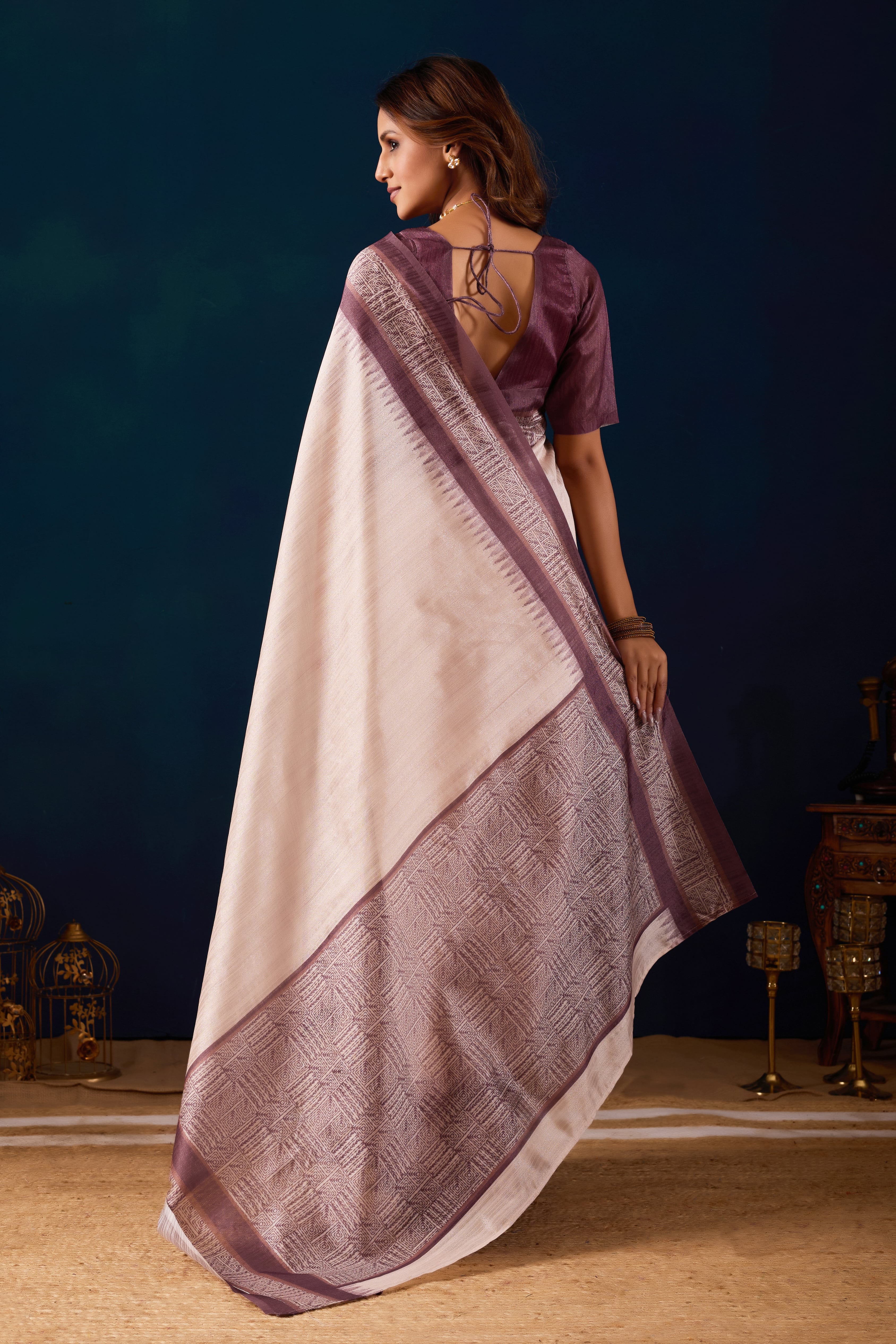 Beige Color Poly Cotton Ready to Wear Saree