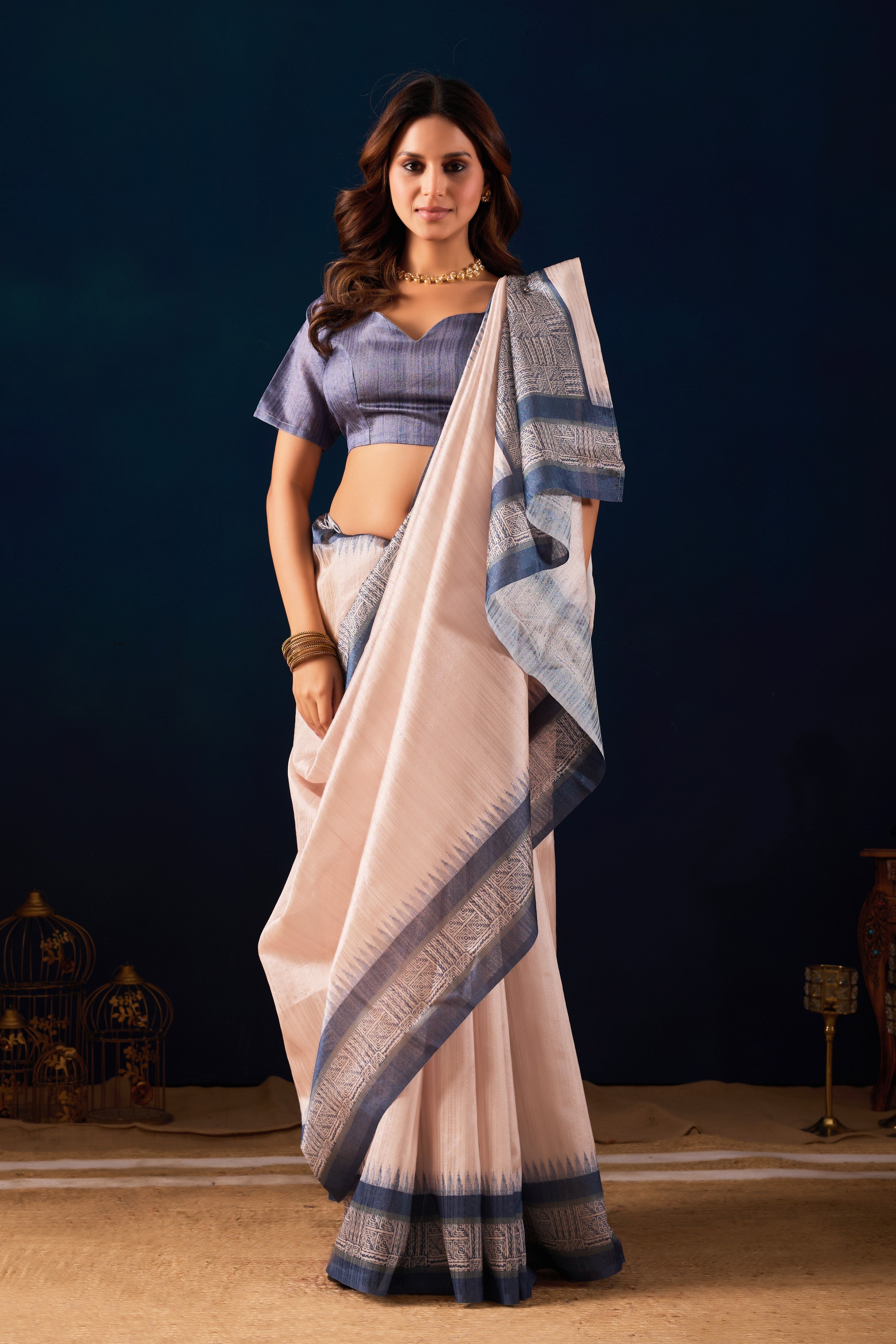 Cream Linen Saree with Mauve Zari Border & Geometric Pallu
