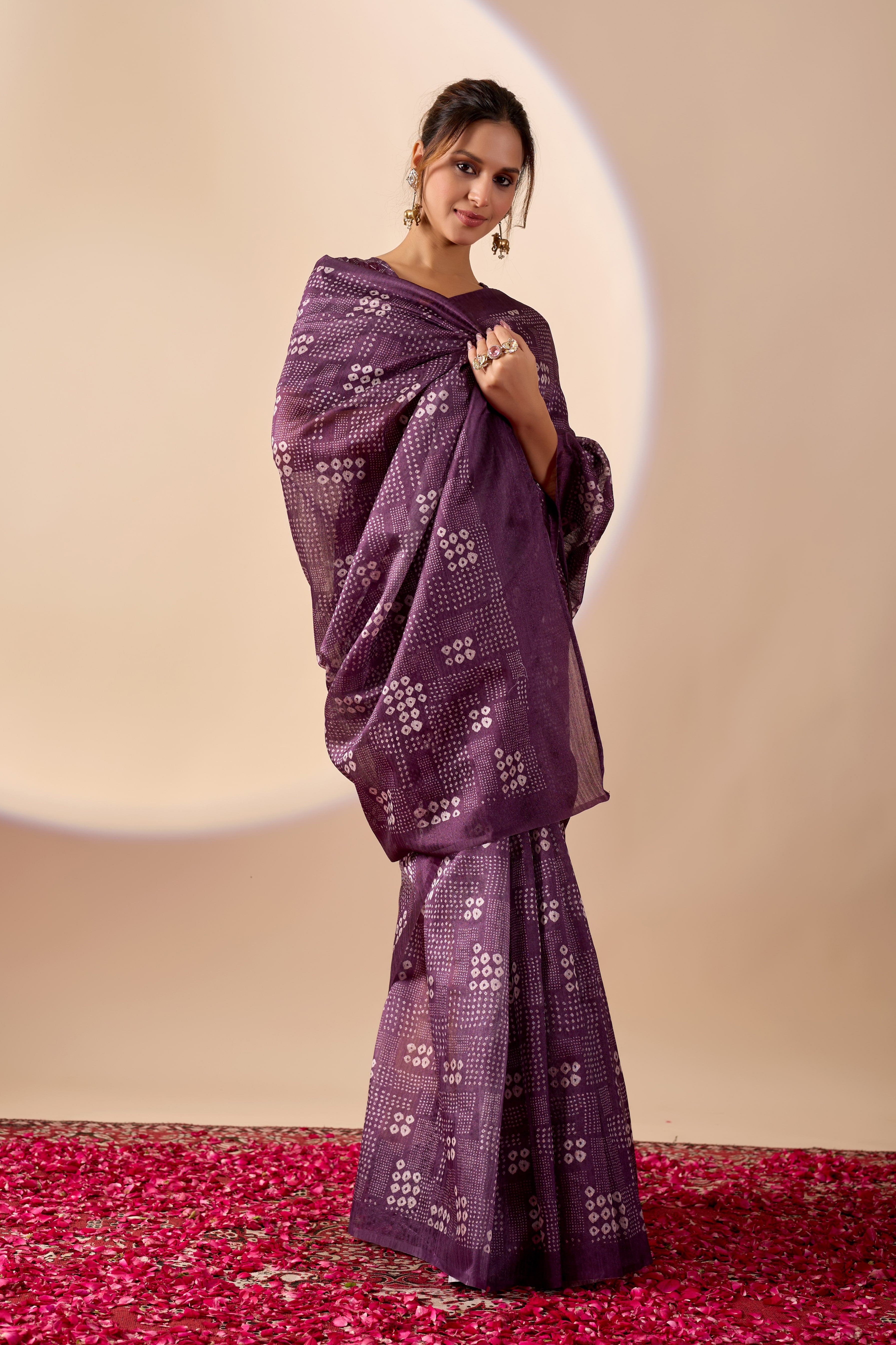 Elegant Deep Purple Bandhani Print Organza Saree
