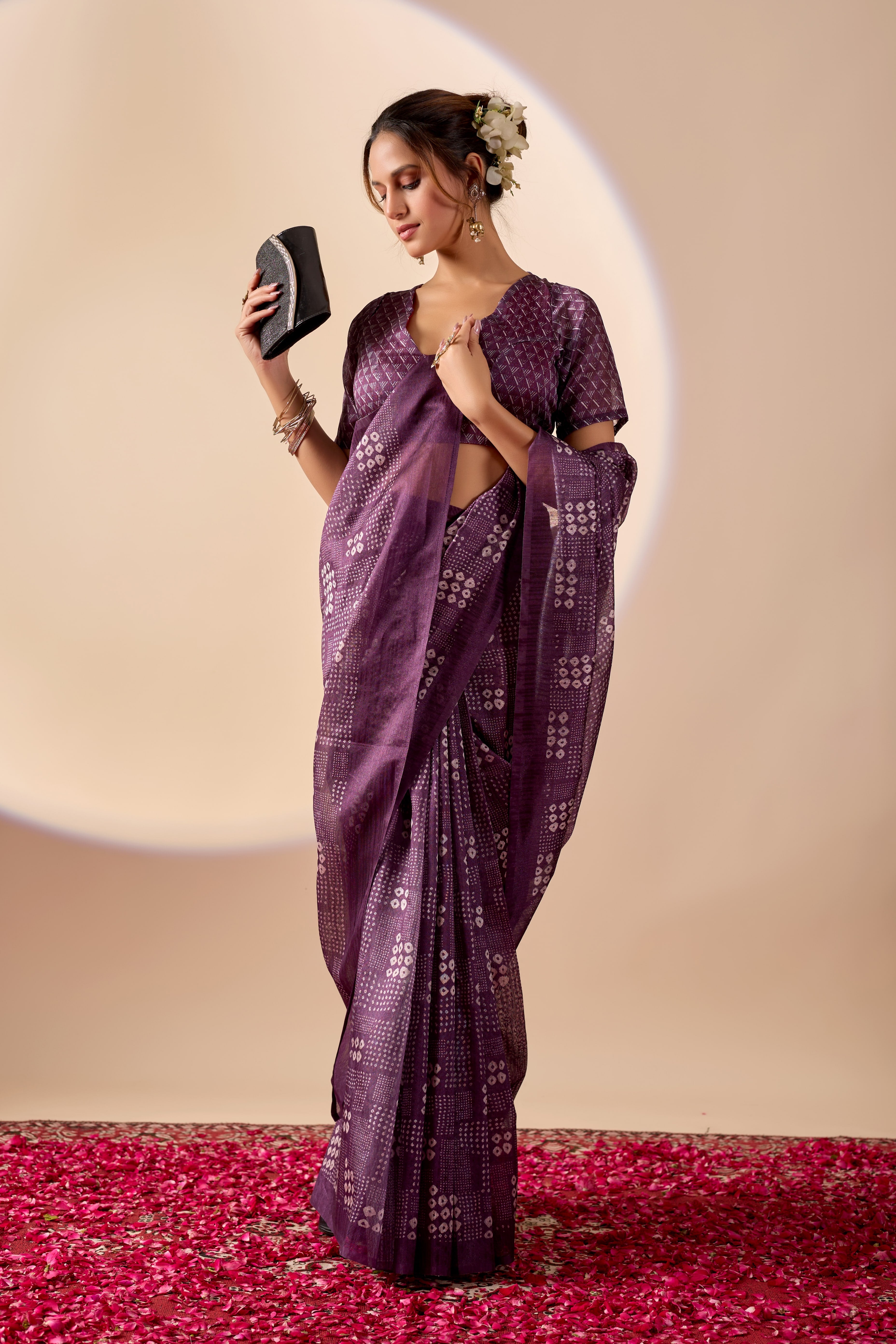 Purple Jute Silk Bandhani Printed Ready to Wear Saree