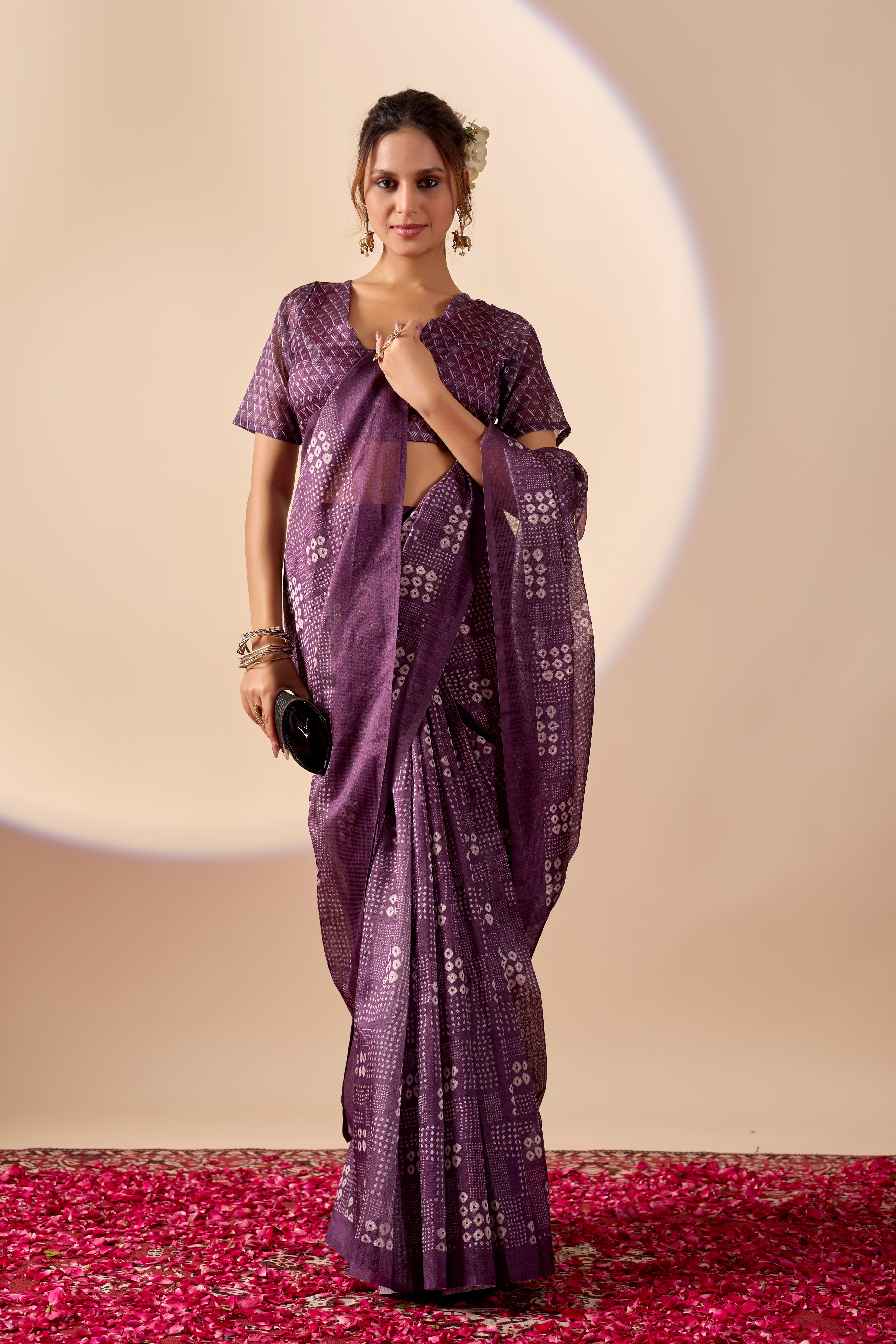 Purple Jute Silk Bandhani Printed Ready to Wear Saree