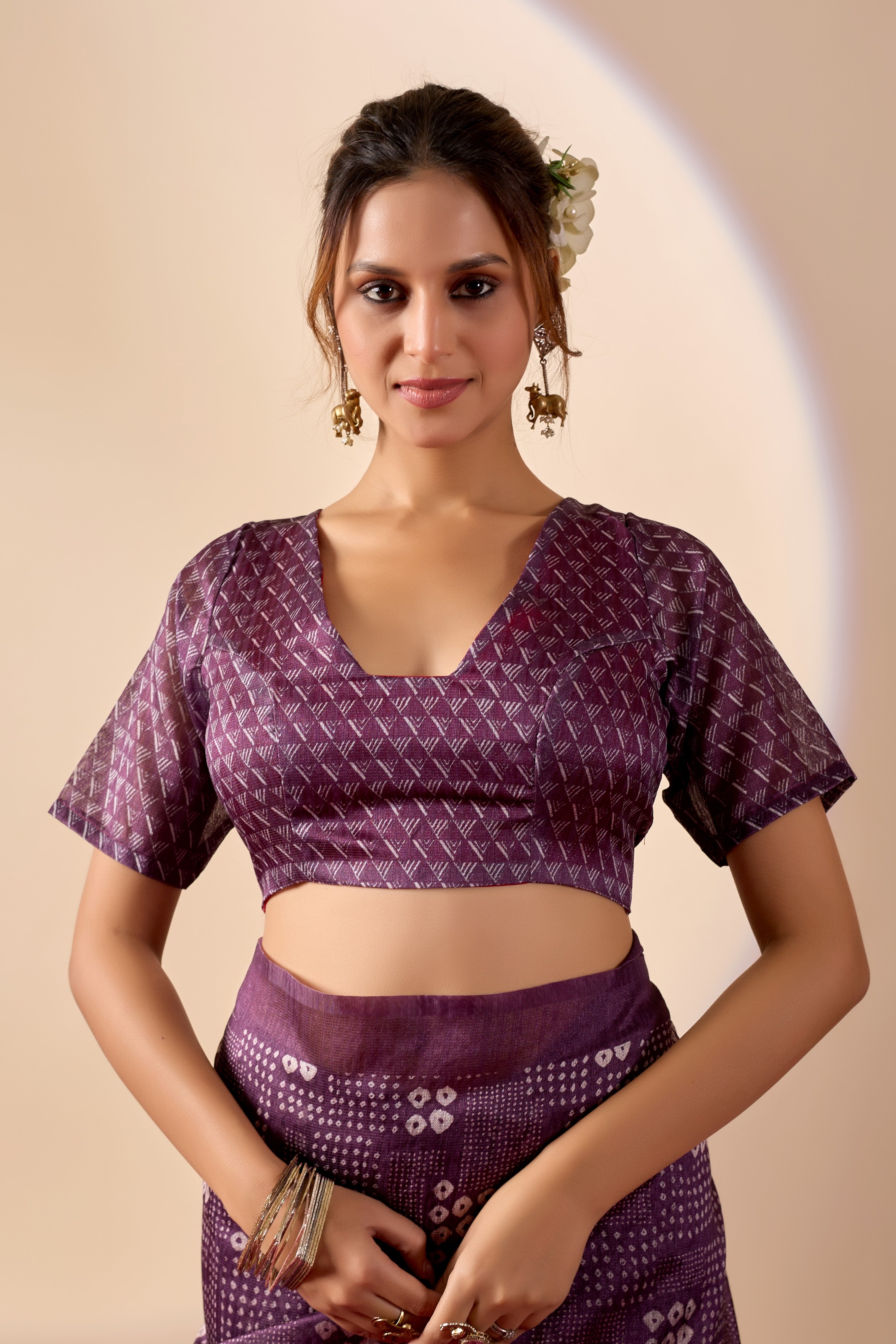 Purple Jute Silk Bandhani Printed Ready to Wear Saree