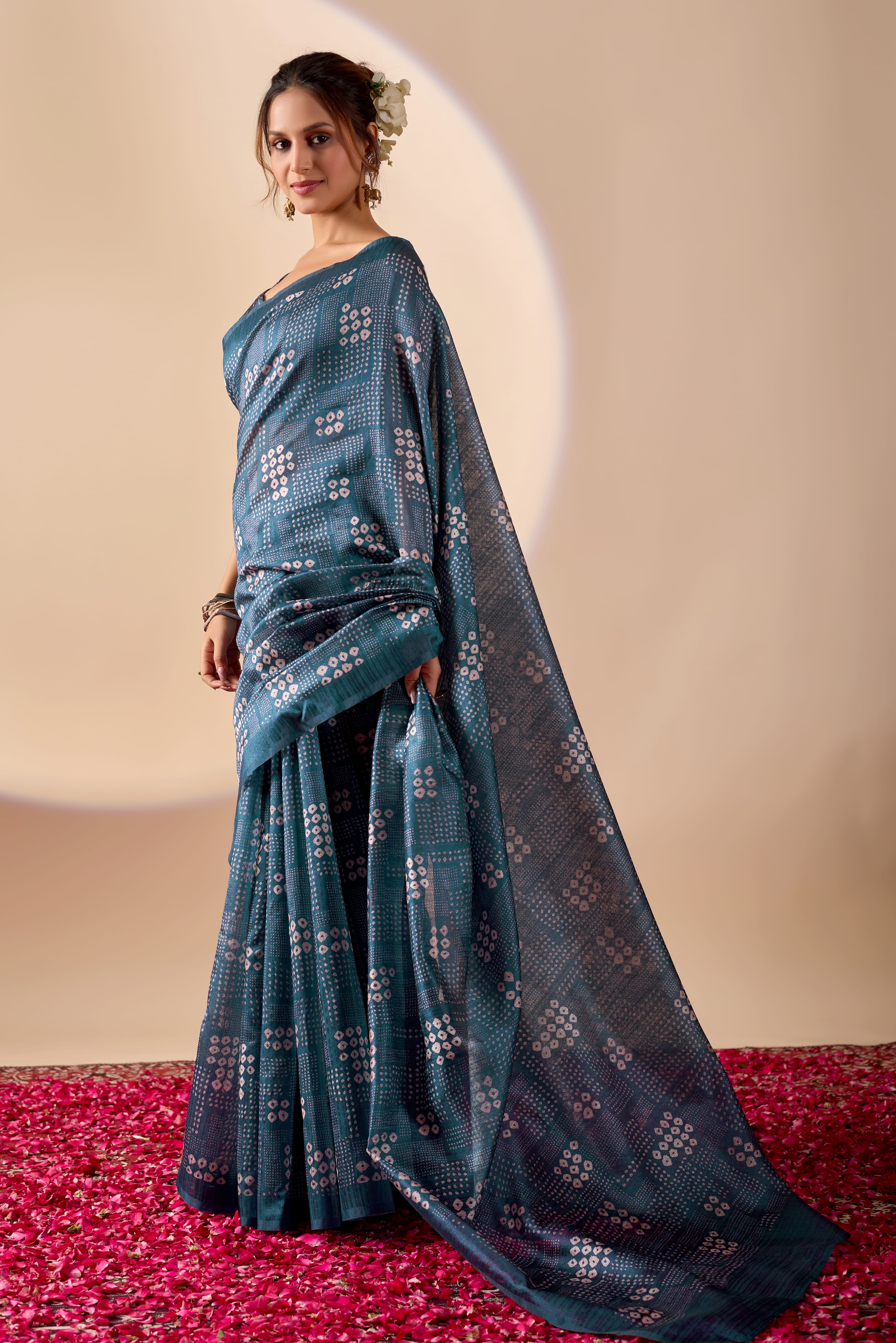 Blue Bandhani Printed Jute Silk Ready To Wear Saree