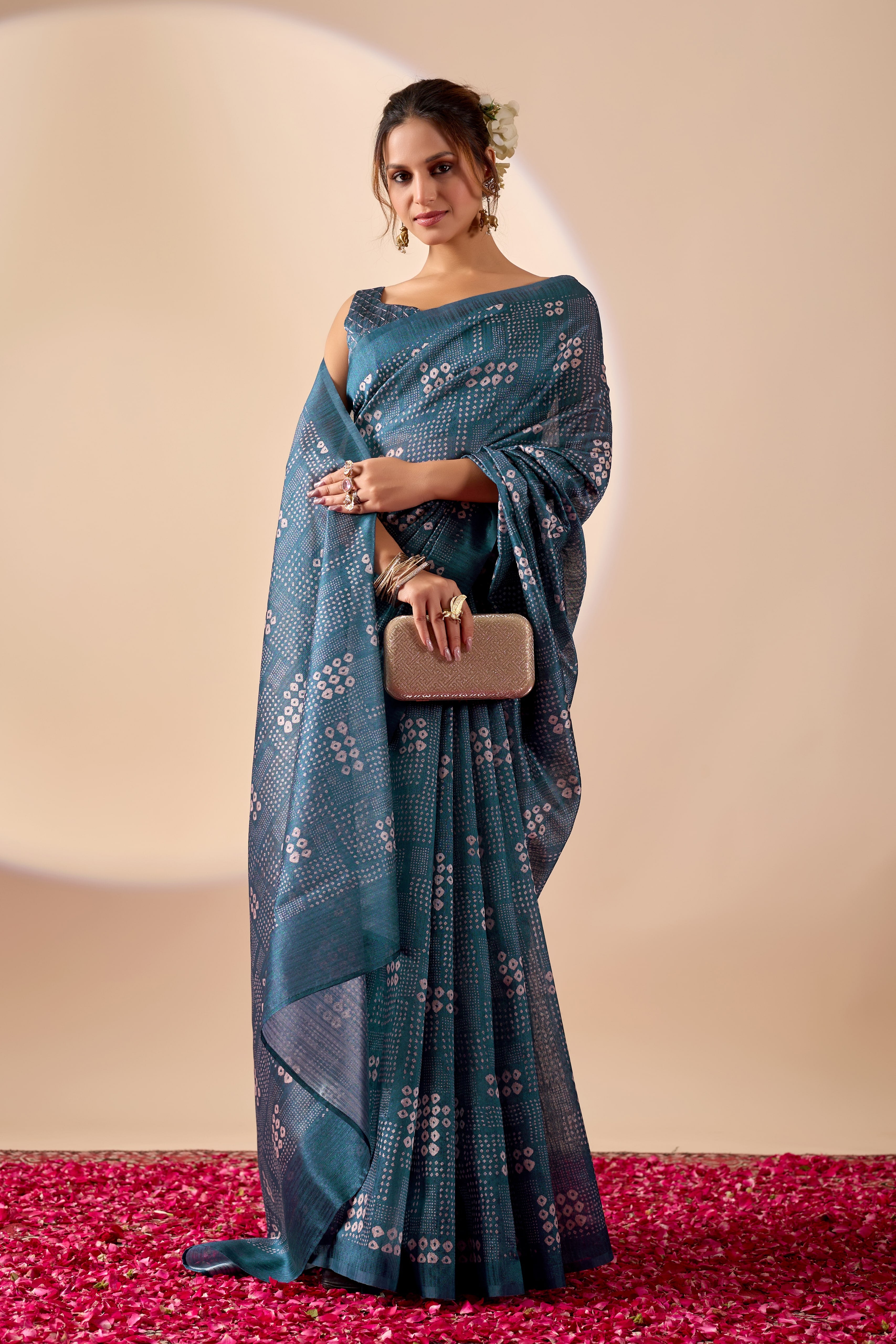 Blue Bandhani Printed Jute Silk Ready To Wear Saree