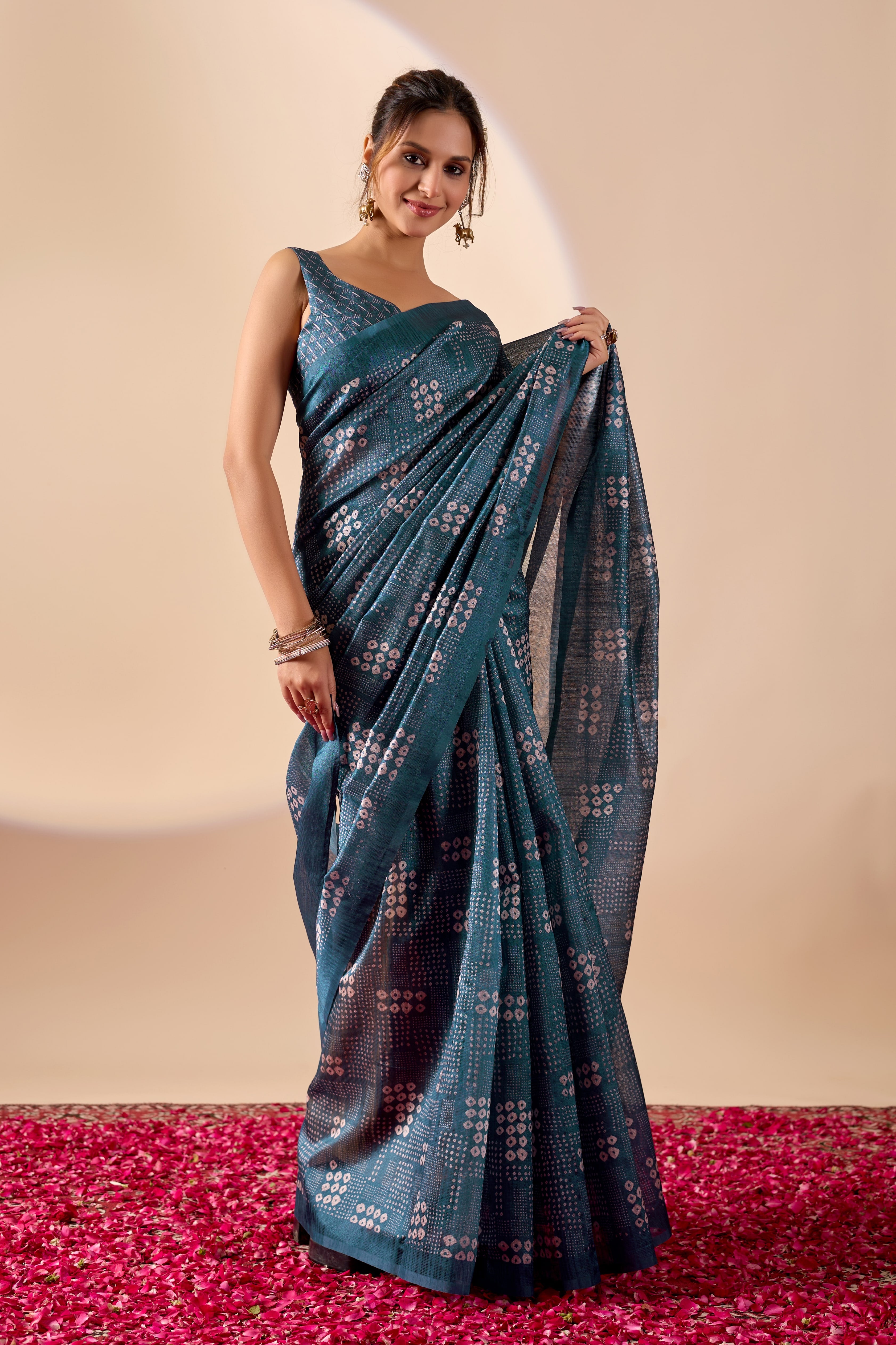 Blue Bandhani Printed Jute Silk Ready To Wear Saree