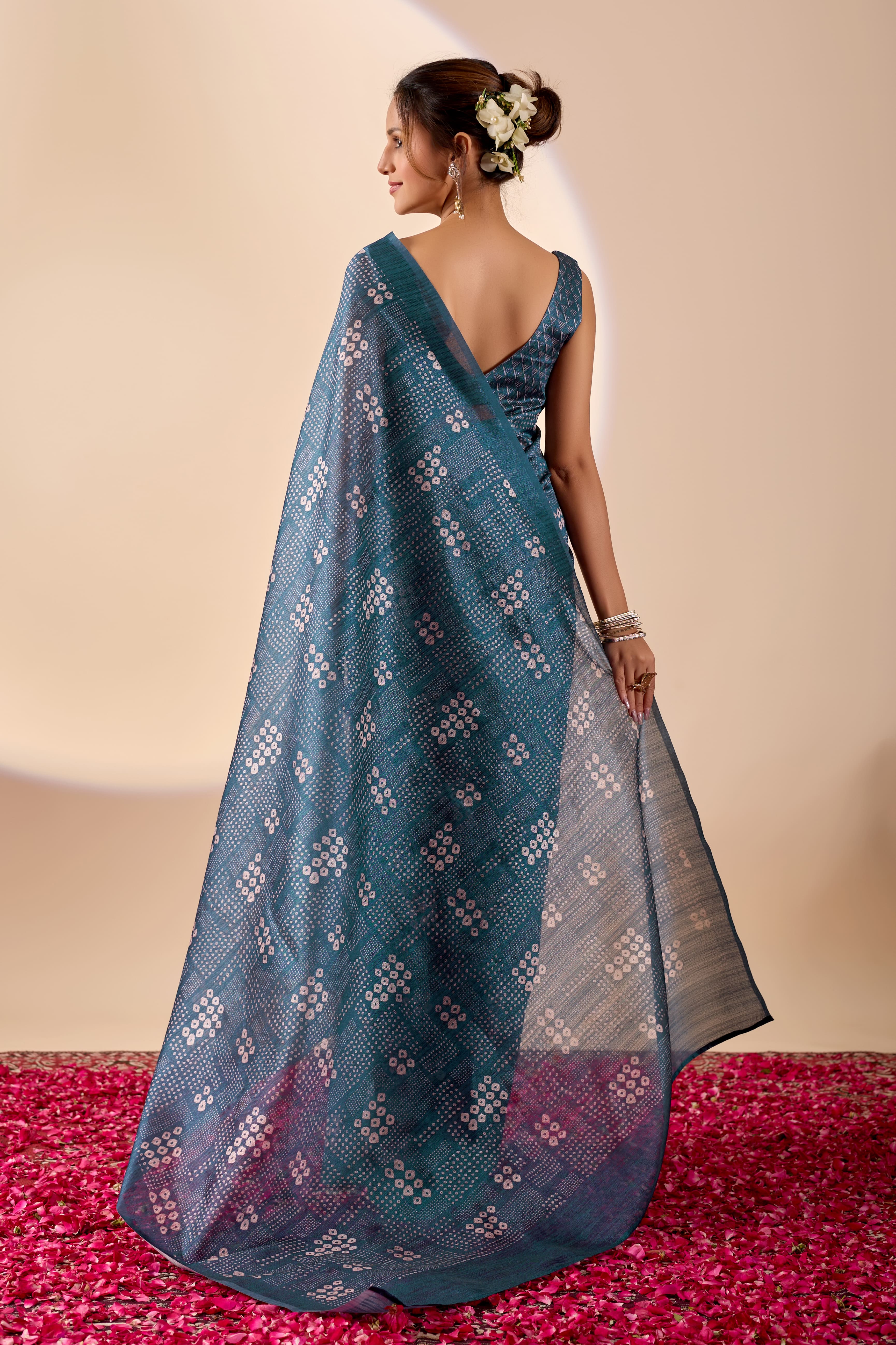 Blue Bandhani Printed Jute Silk Ready To Wear Saree