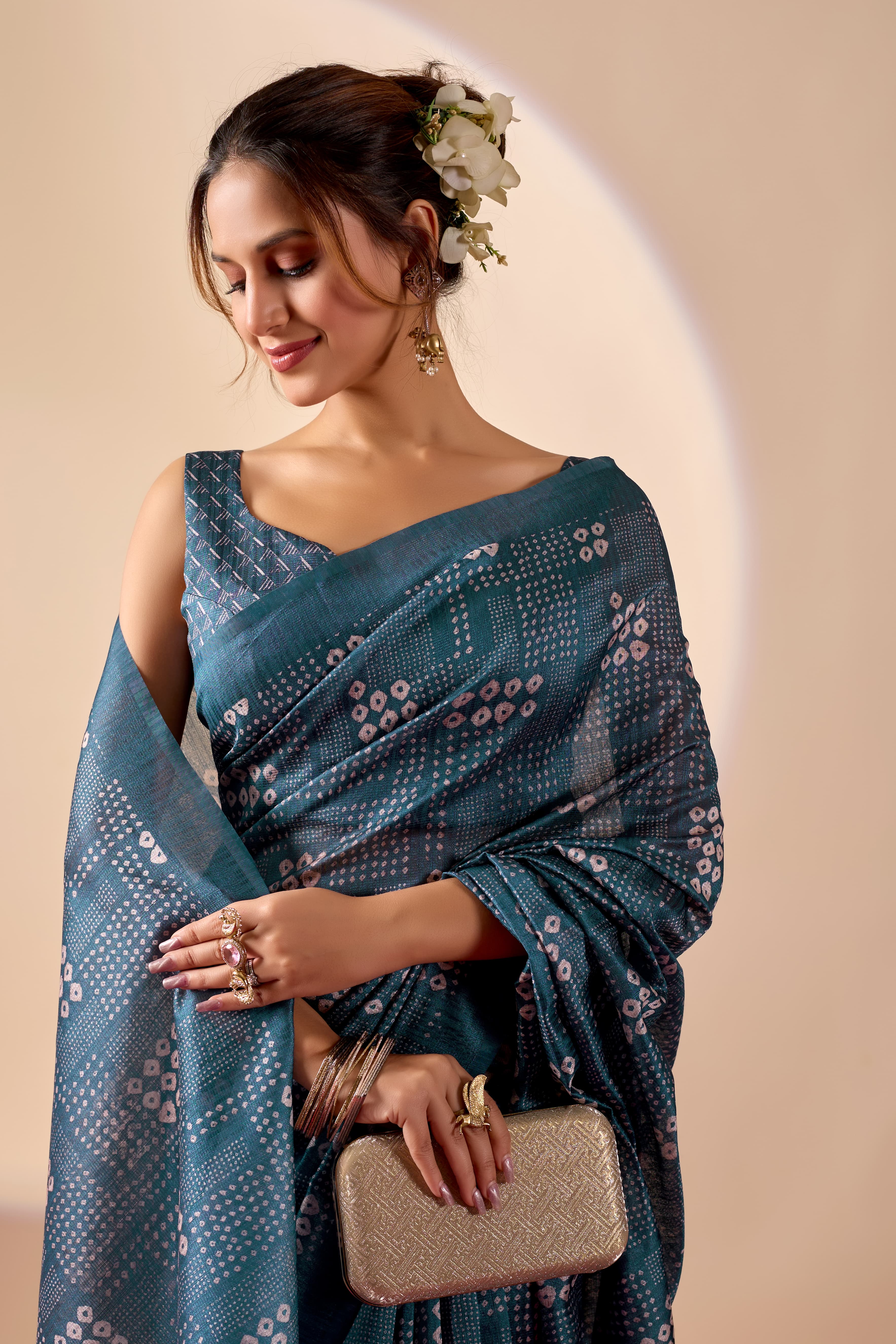 Blue Bandhani Printed Jute Silk Ready To Wear Saree