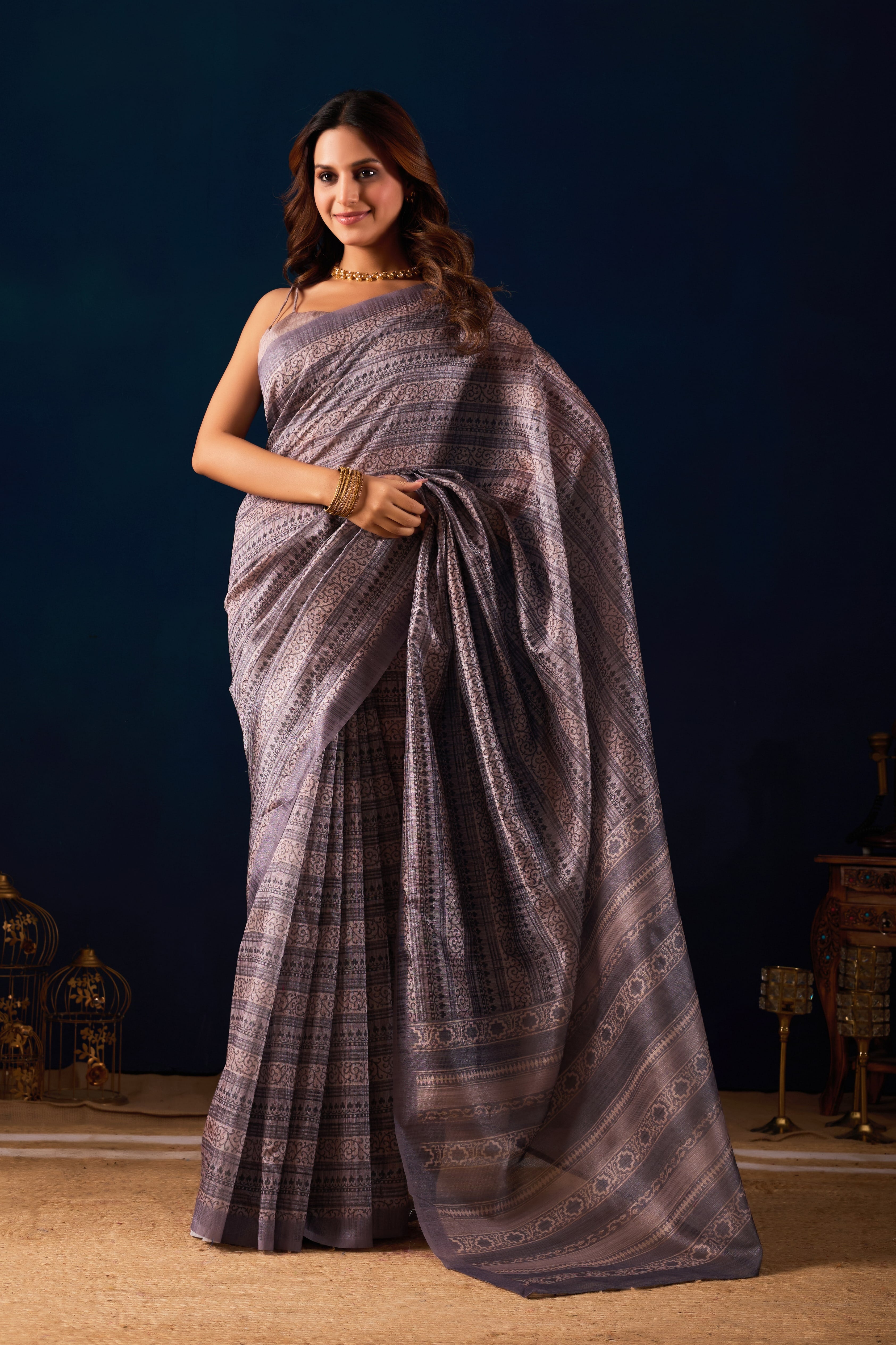 Sophisticated Charcoal Grey Silk Saree with Intricate All-Over Ajrakh Inspired Print