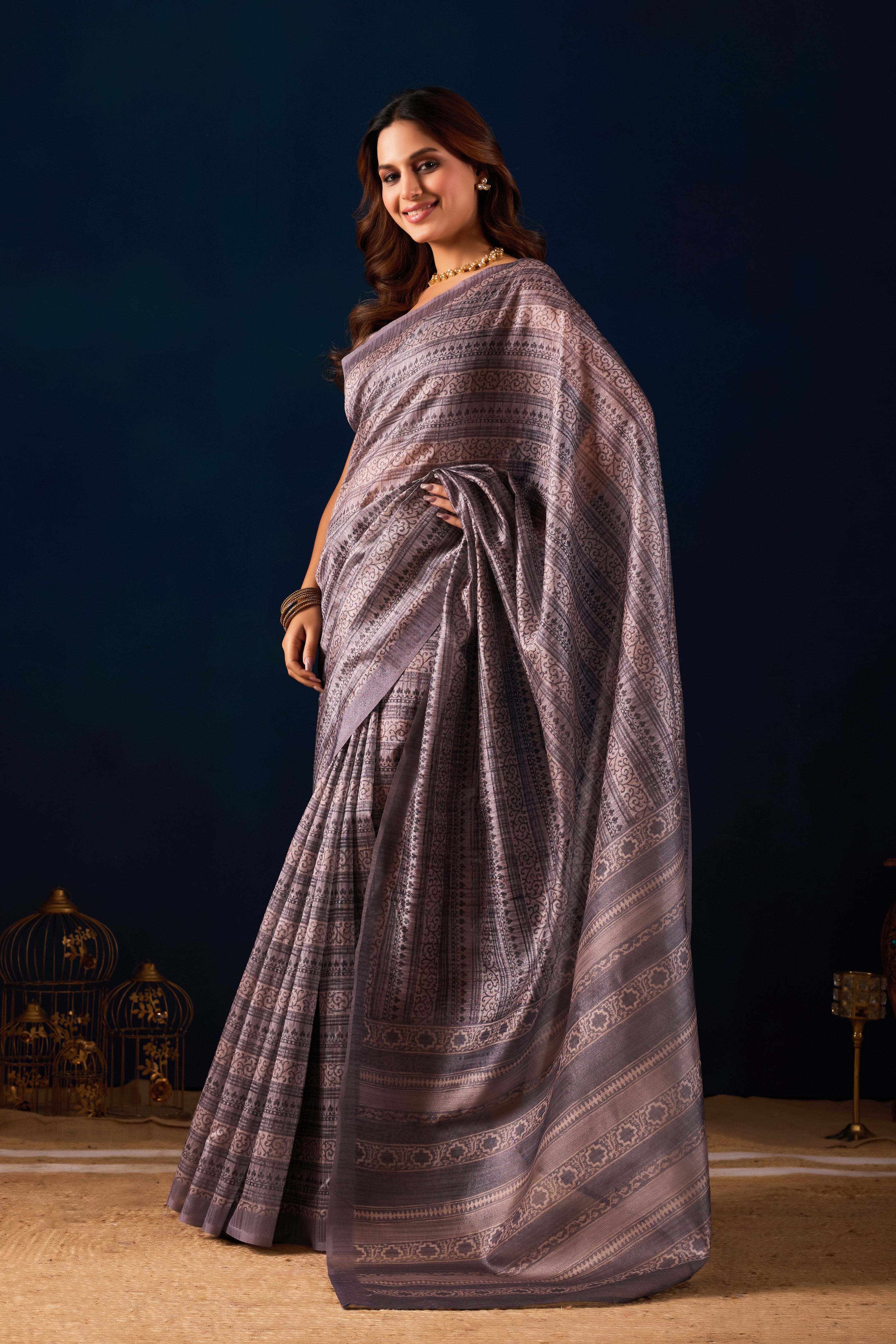 Sophisticated Charcoal Grey Silk Saree with Intricate All-Over Ajrakh Inspired Print