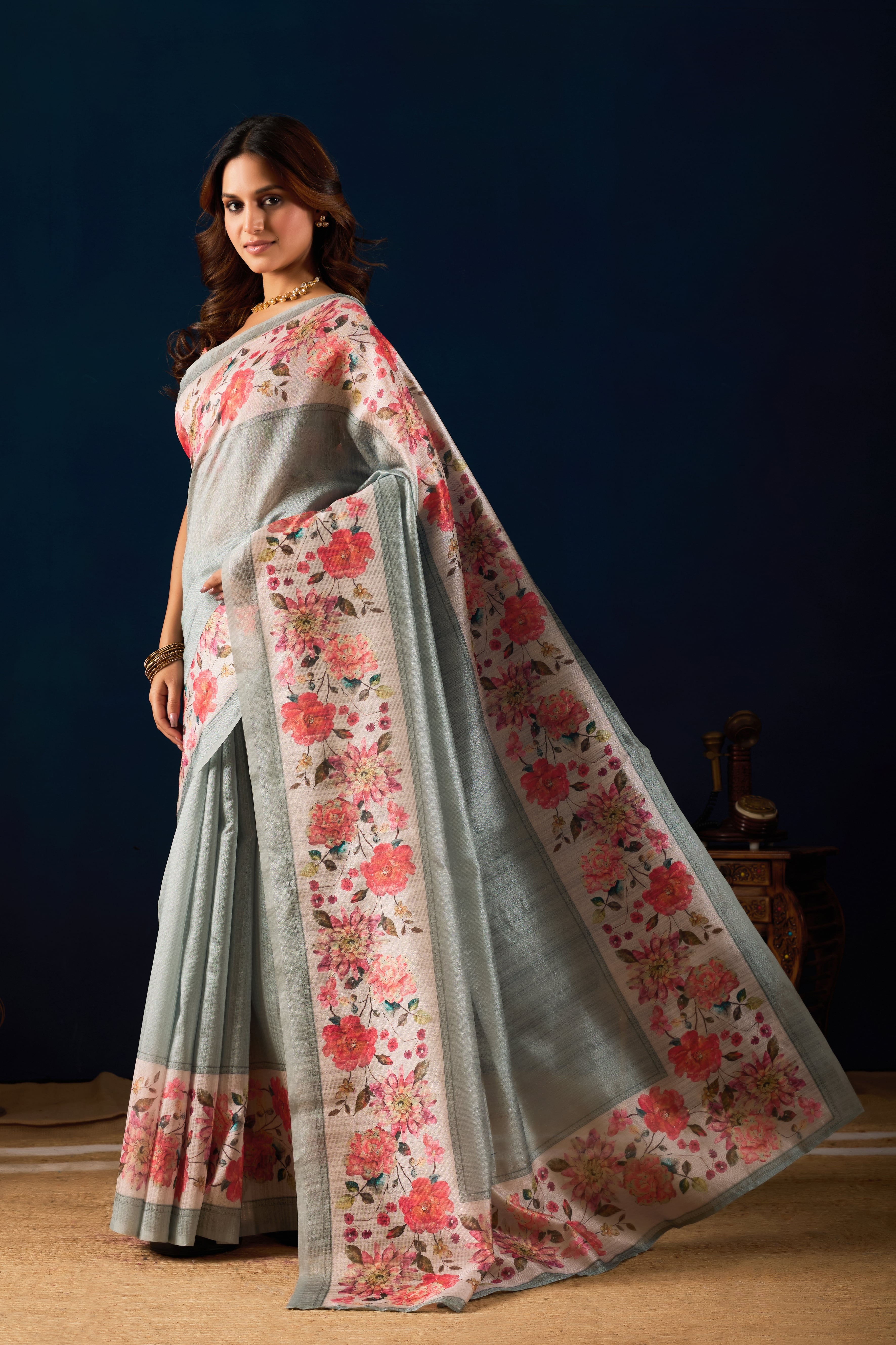 Grey Floral Digital Print bollywood Saree
