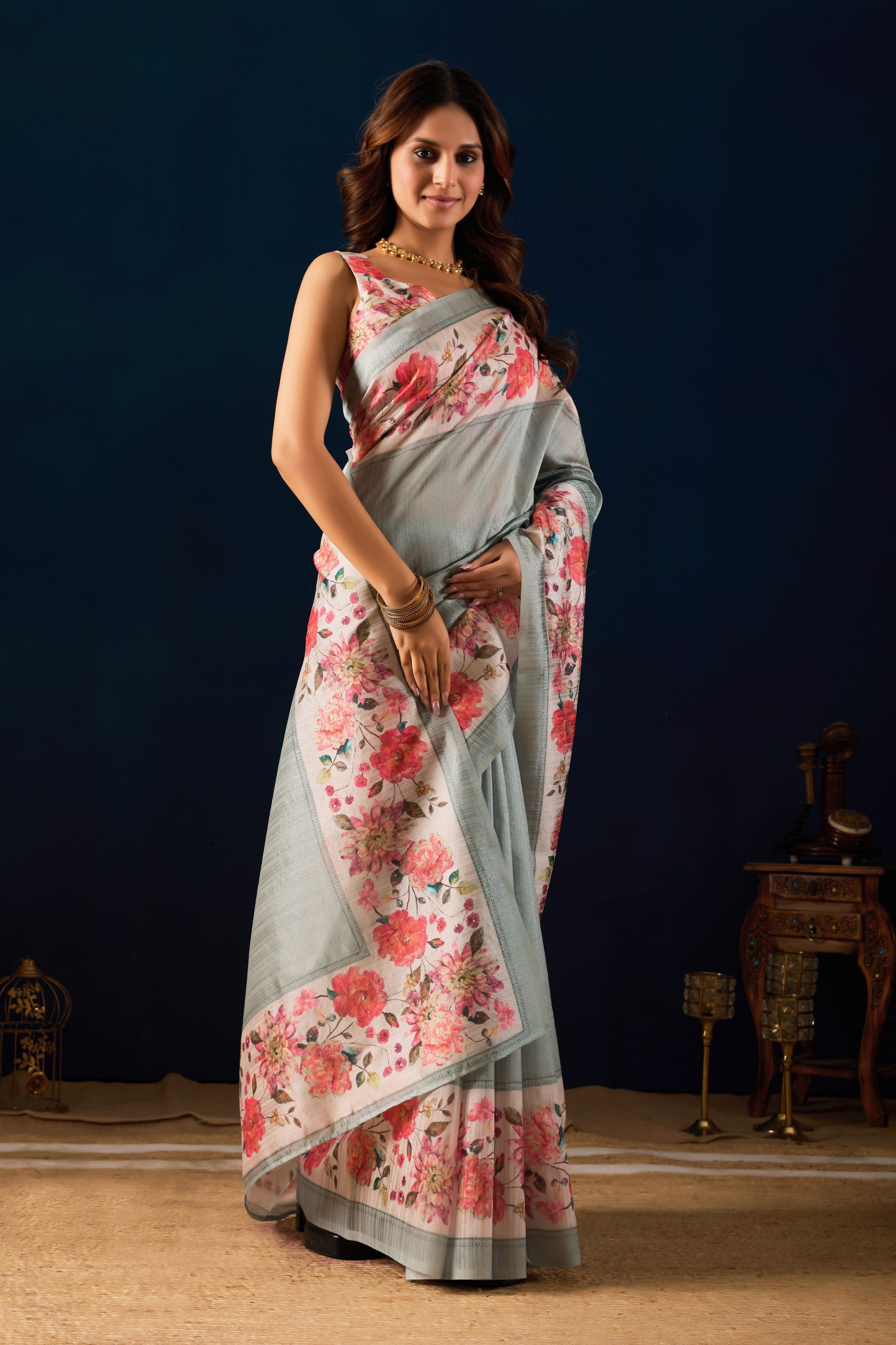 Grey Floral Digital Print bollywood Saree