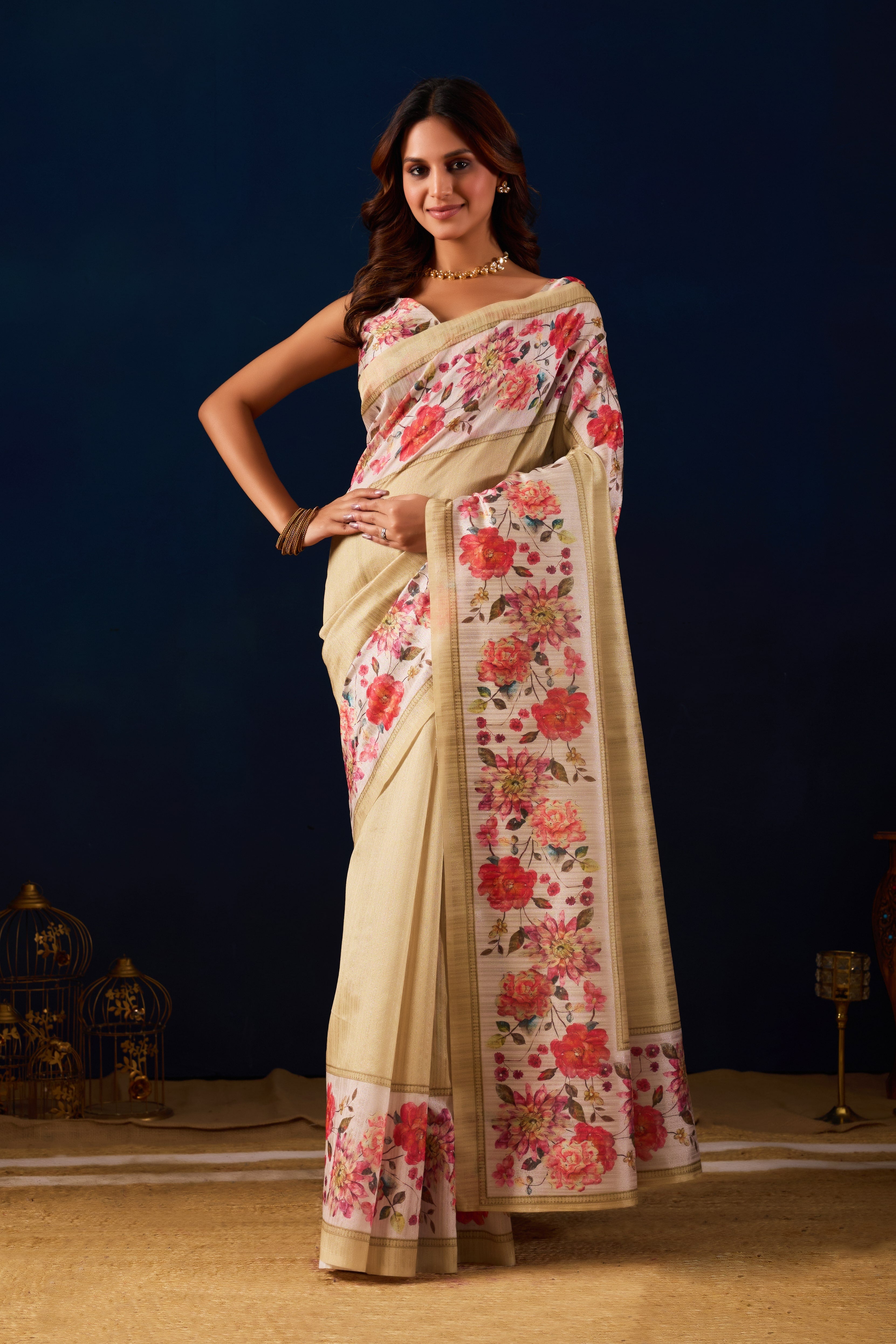 Beige Floral Shimmer Digital Print Saree