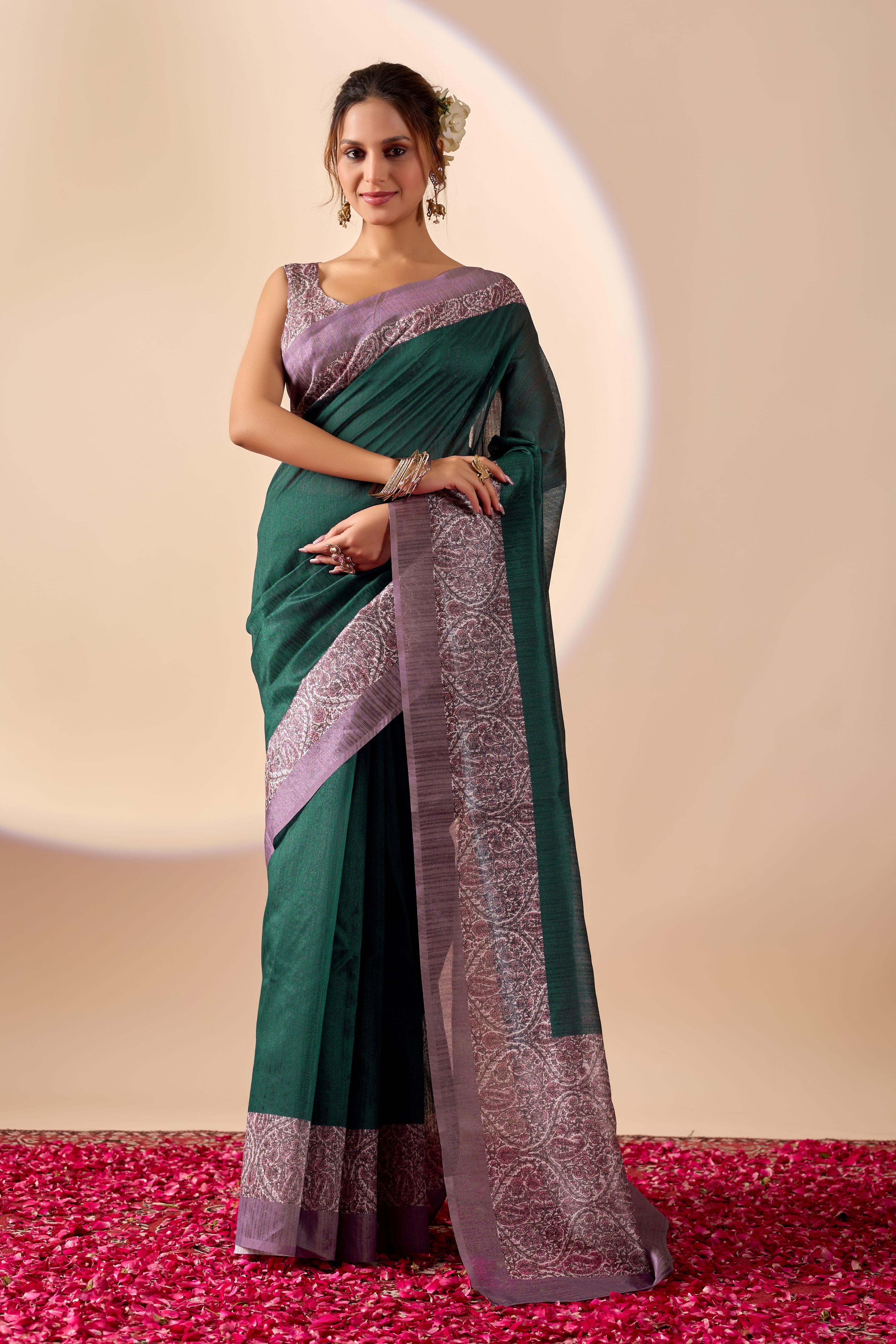 Deep Emerald Green Saree with Mauve Printed Border
