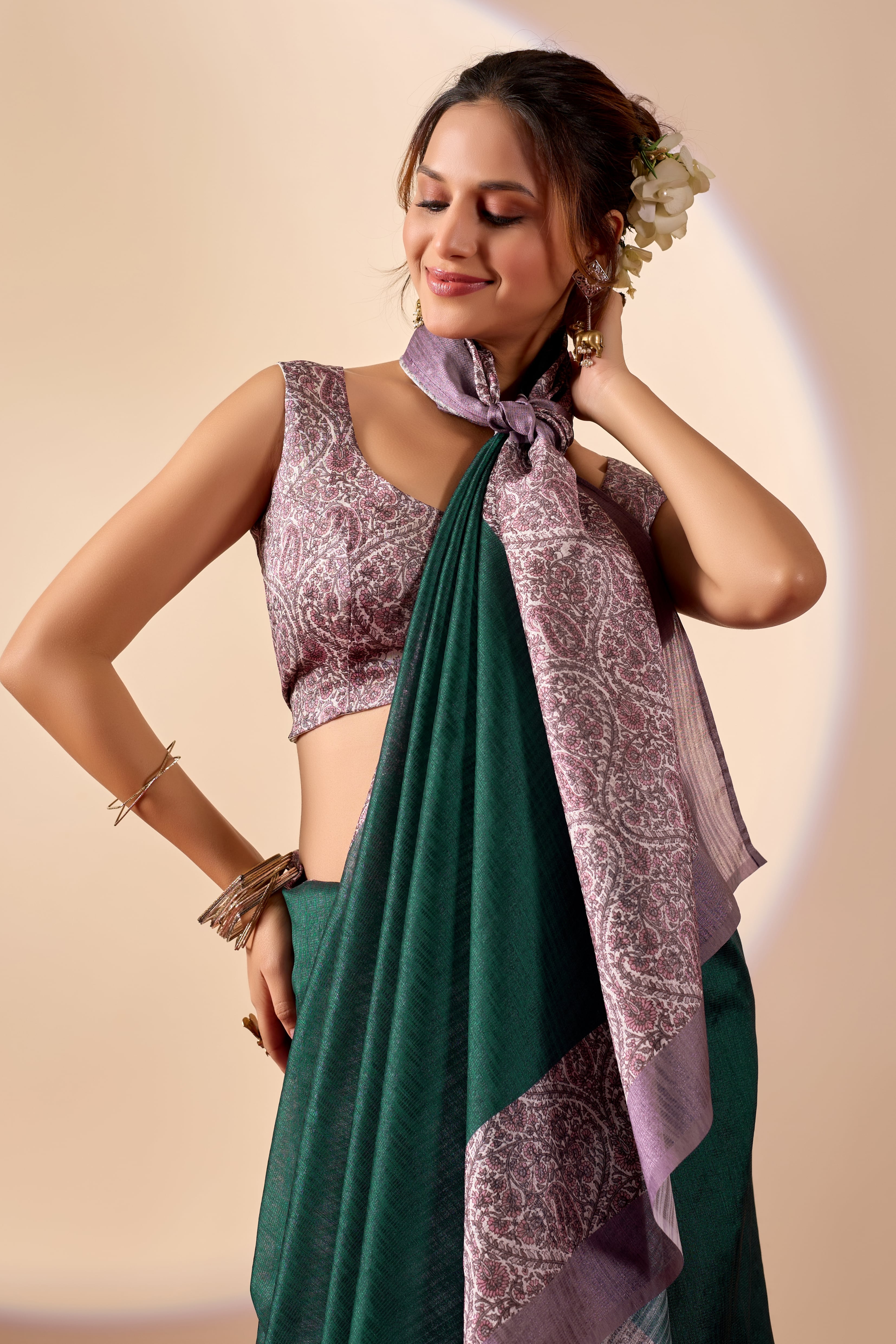 Green Premium Jute Silk with Polyester Stripes Foil Print Ready To Wear Saree