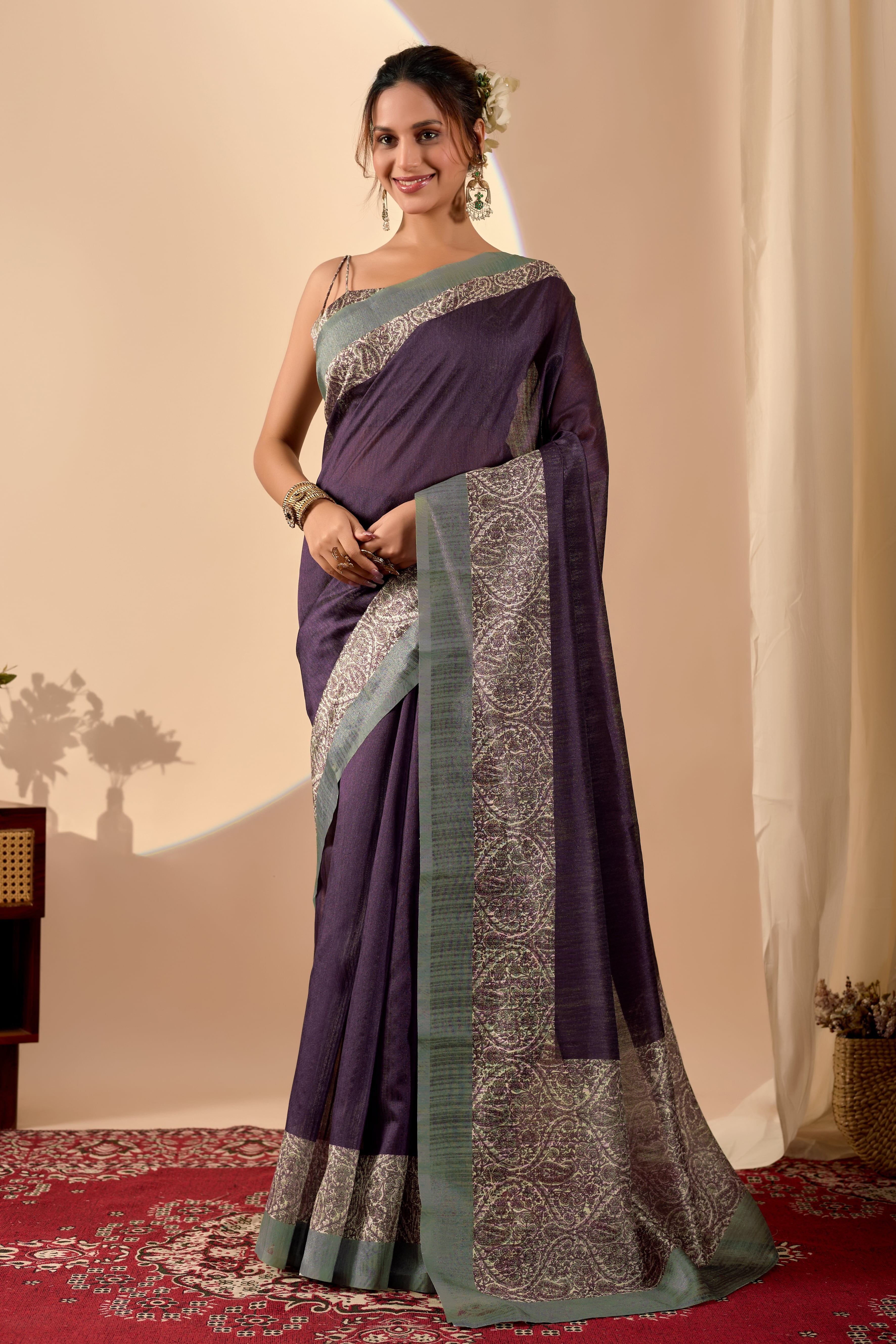 Royal Deep Purple Saree with Intricate Sage Green Heritage Border