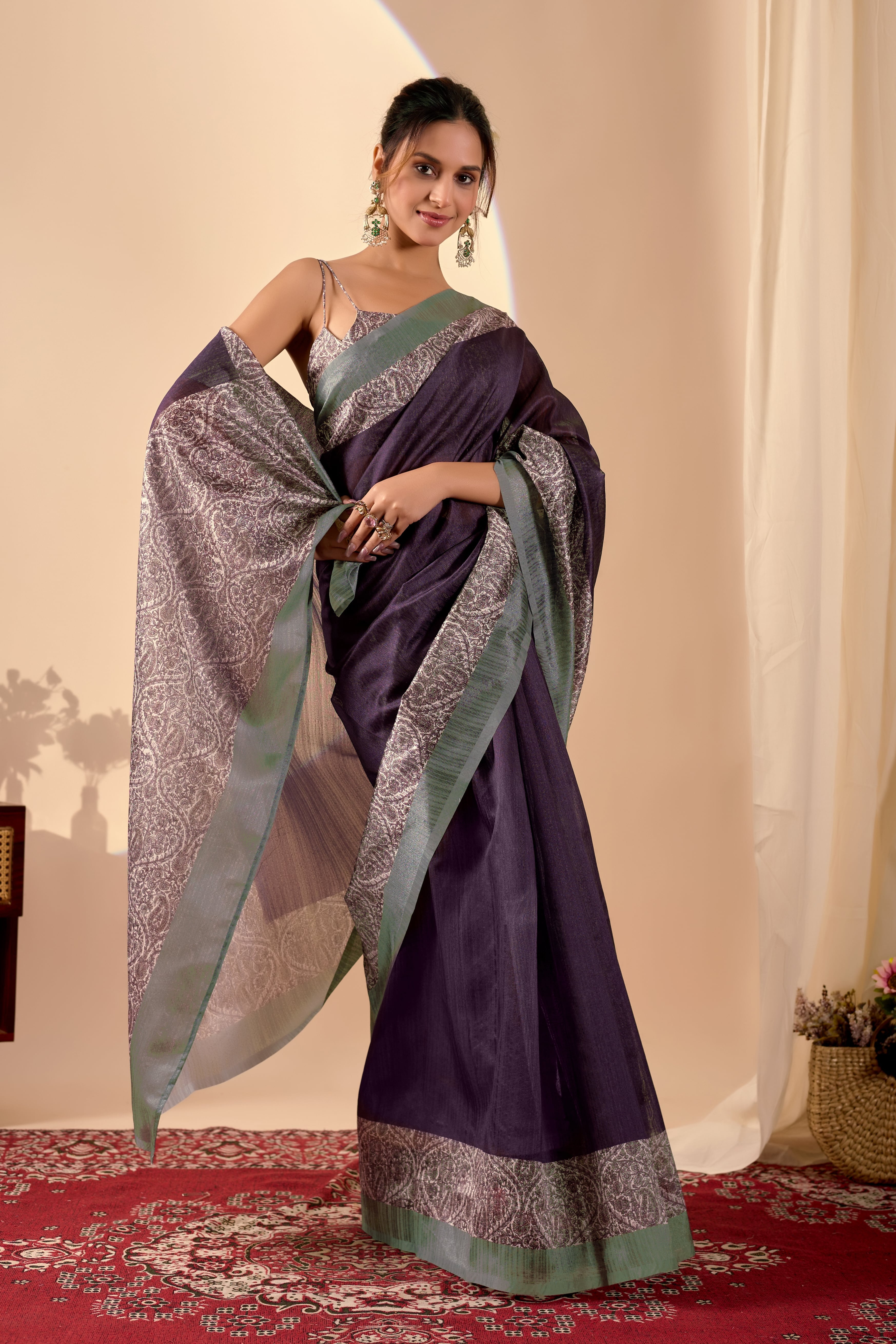 Royal Deep Purple Saree with Intricate Sage Green Heritage Border