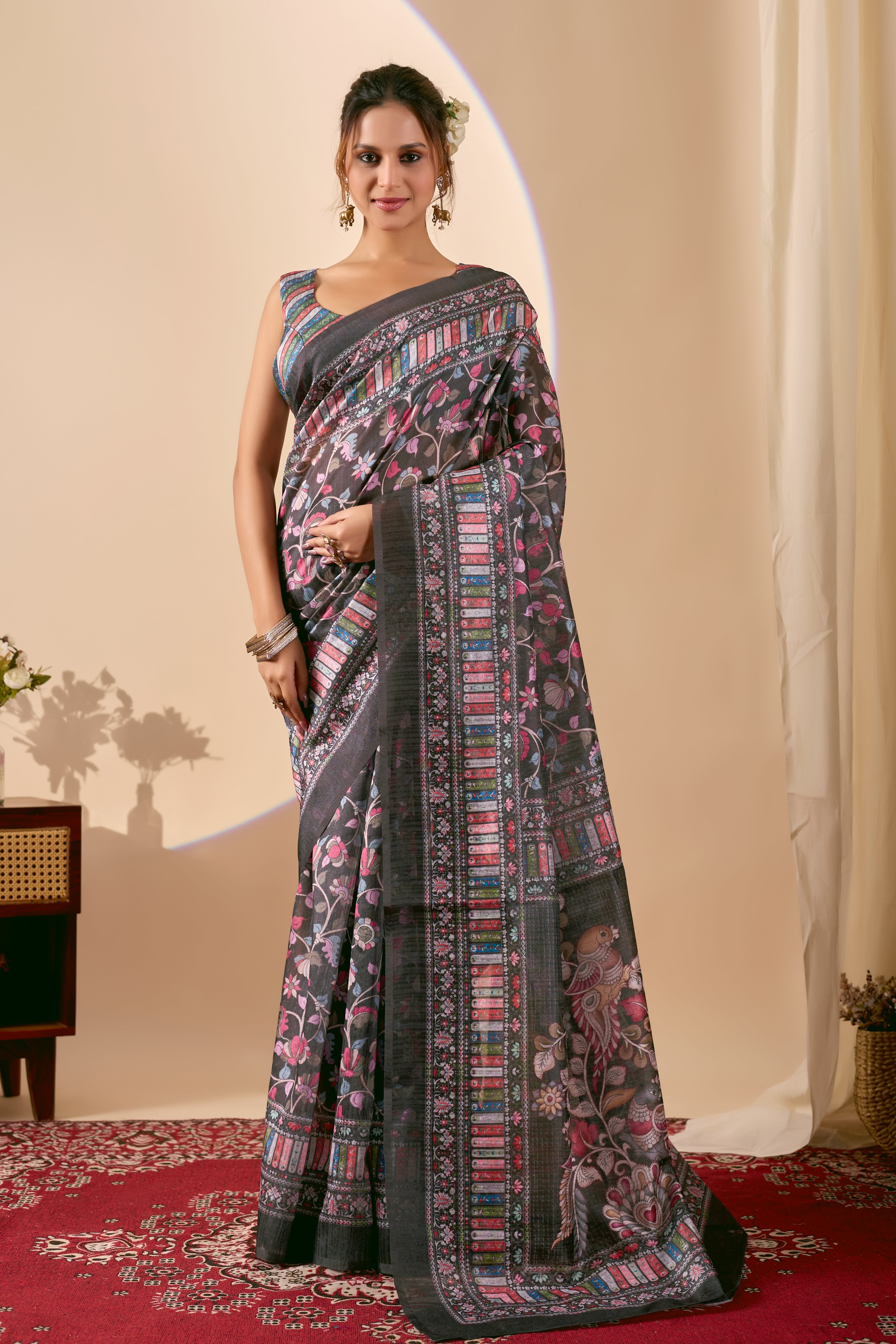 Midnight Black Heritage Saree with Vibrant Multi-Color Kalamkari Inspired Prints