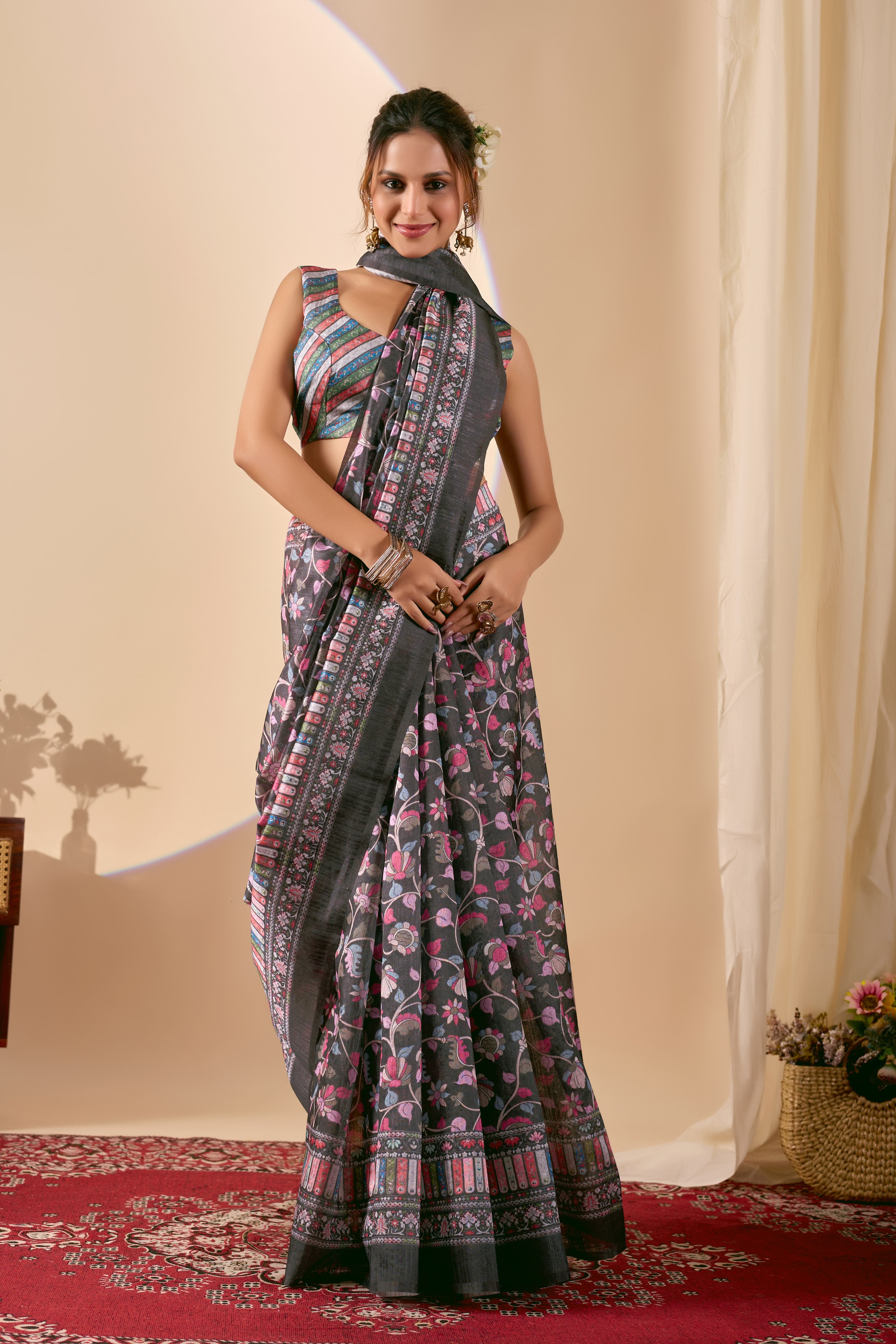 Navy Black Premium Jute Silk Ready To Wear Saree with Stripes Foil Print