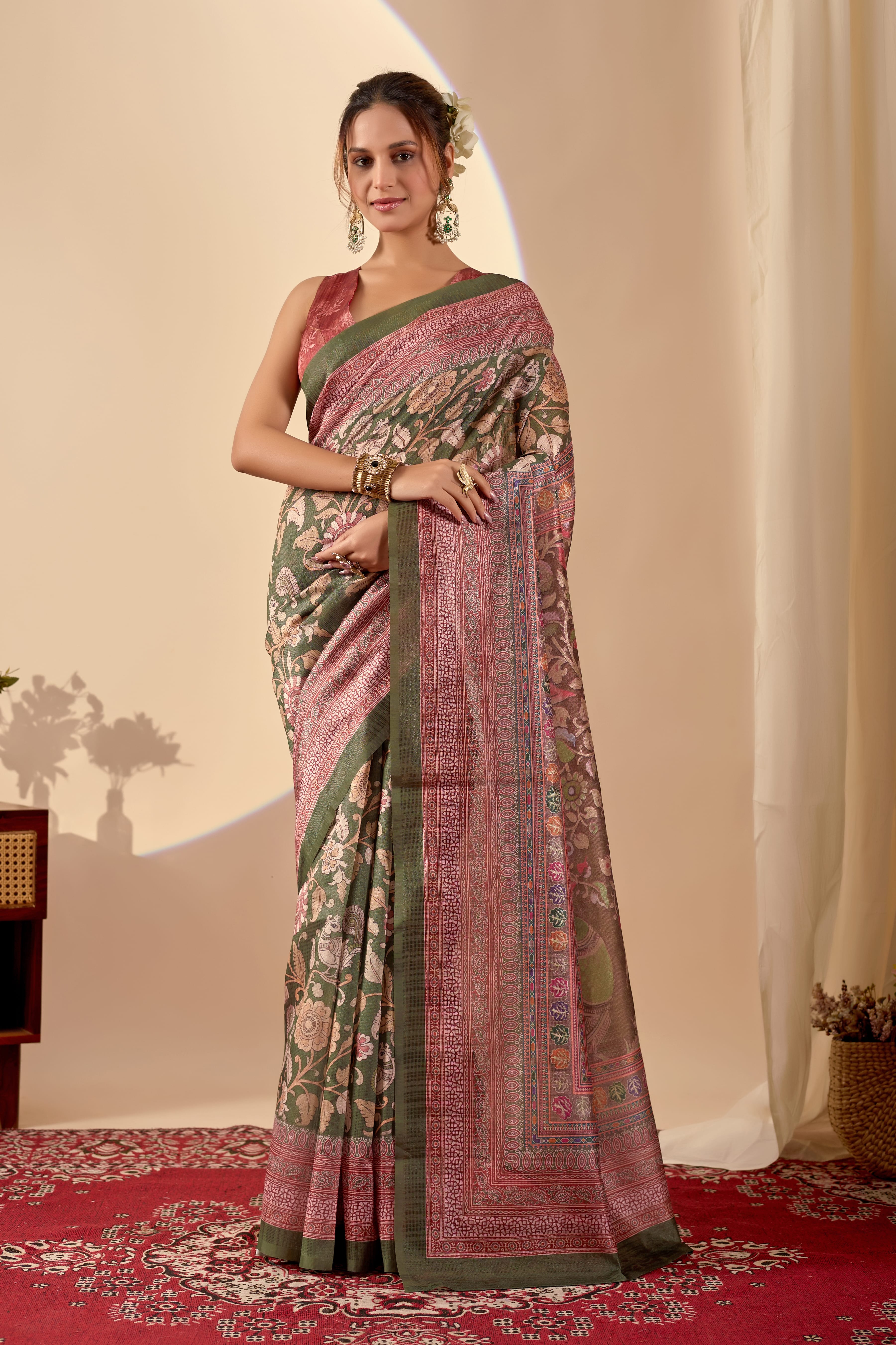 Olive Green Heritage Drape with Intricate Floral Jaal and Ornate Rose-Pink Pallu