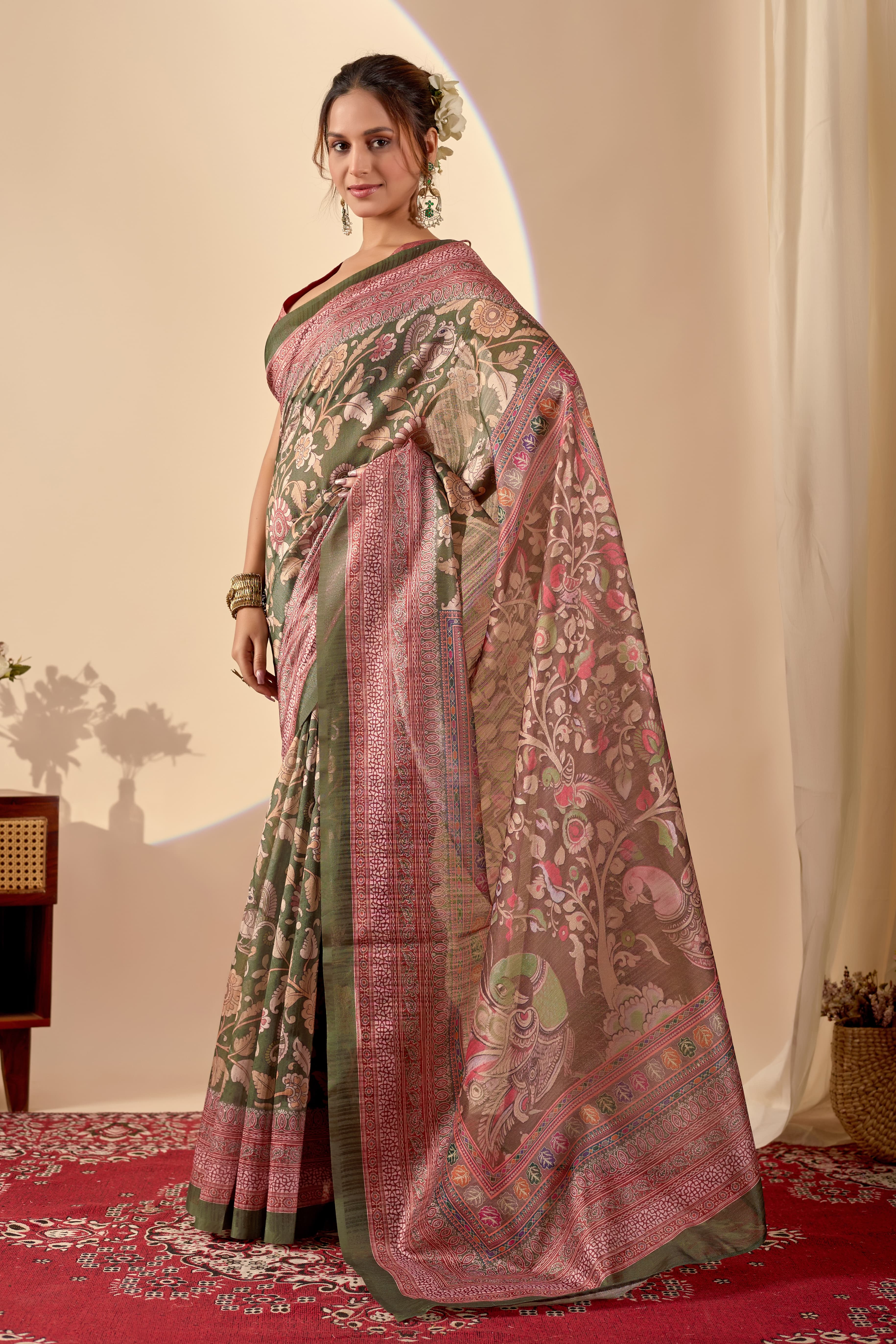 Olive Green Heritage Drape with Intricate Floral Jaal and Ornate Rose-Pink Pallu