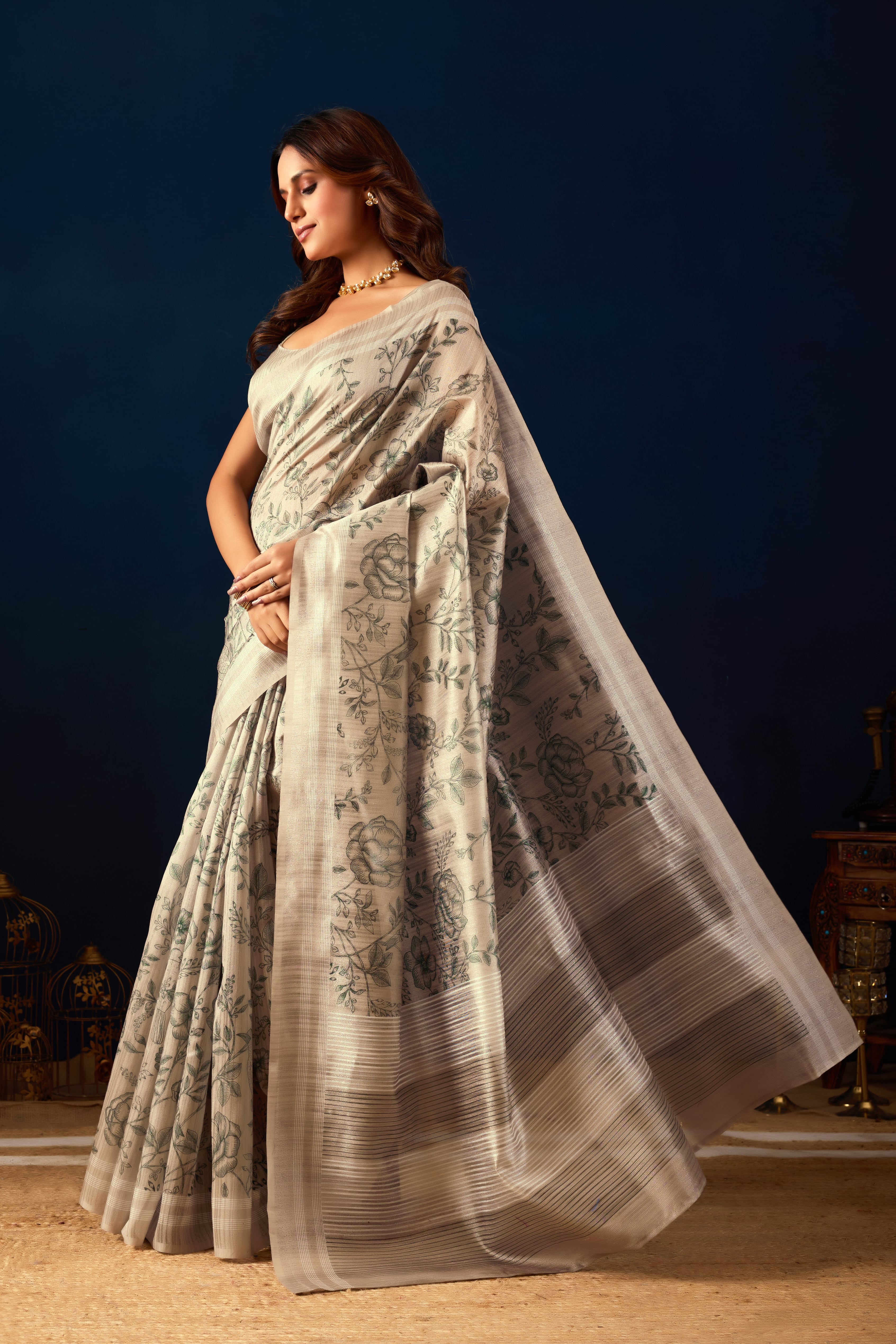 Metallic Lustre Cream Drape with Vintage Botanical Sketch Motifs