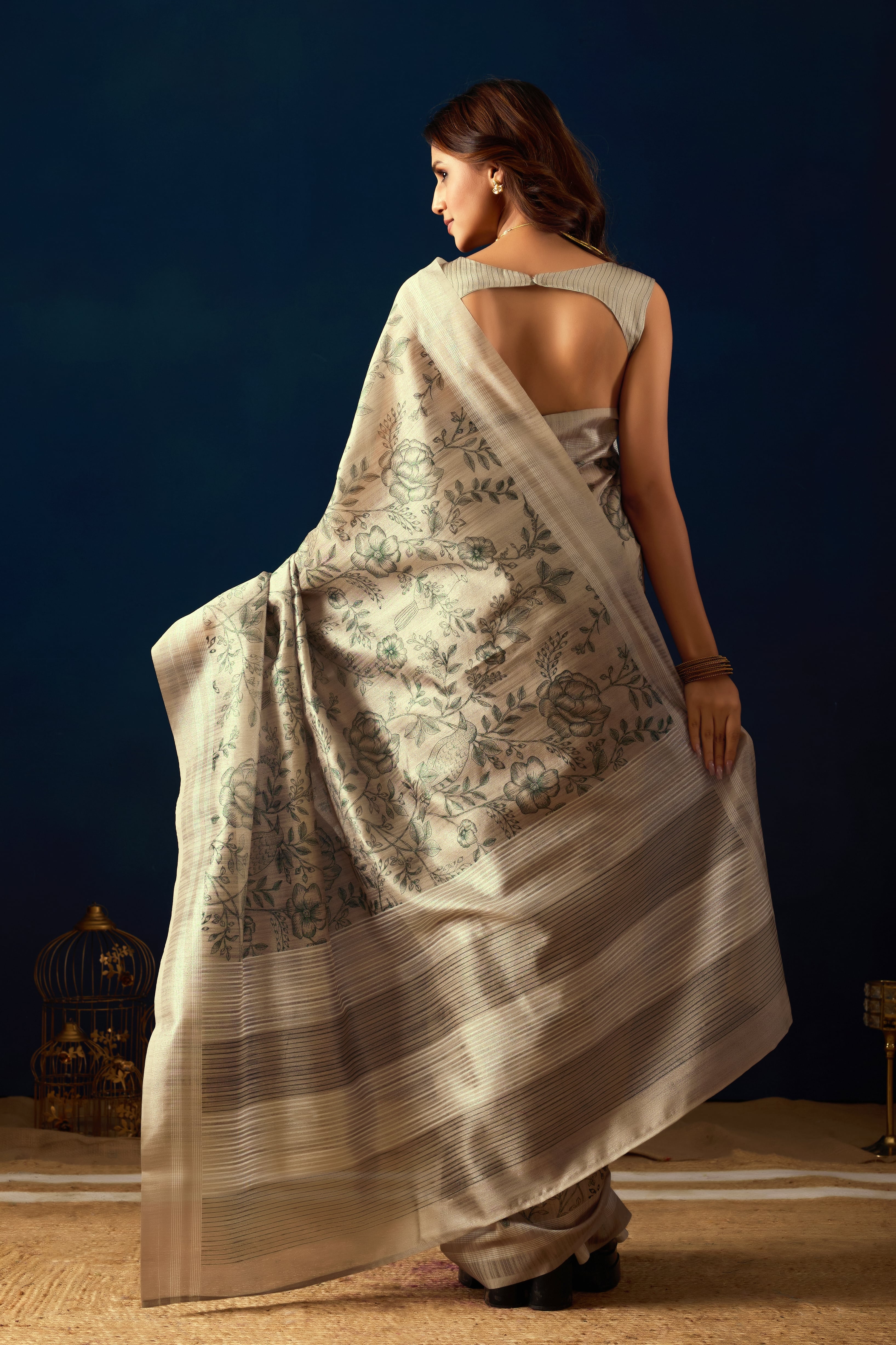 Cream Floral Printed Jute Silk Ready To Wear Saree