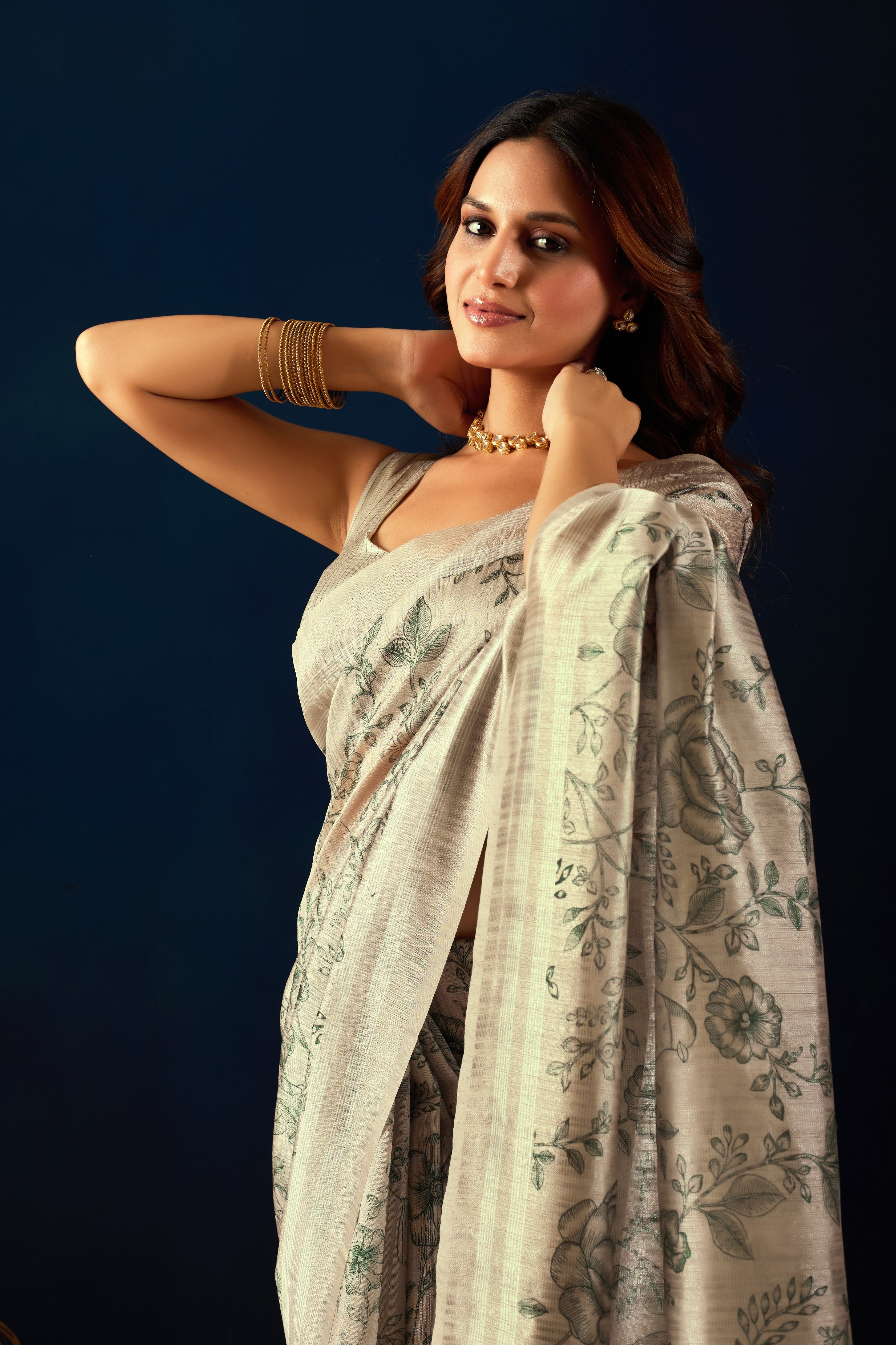 Cream Floral Printed Jute Silk Ready To Wear Saree