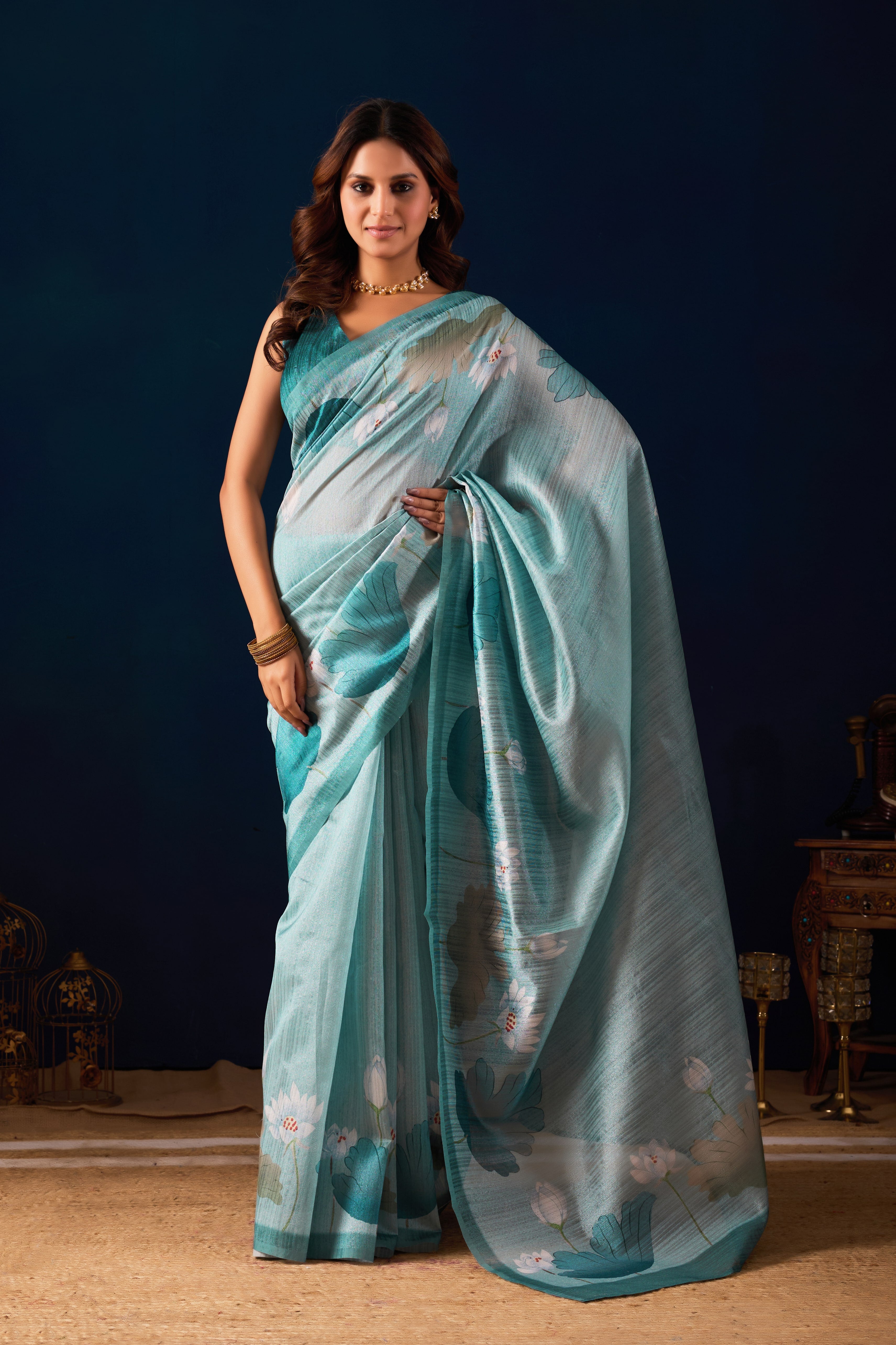 Lustrous Aqua Blue Drape Featuring Hand-Painted Floral Motifs