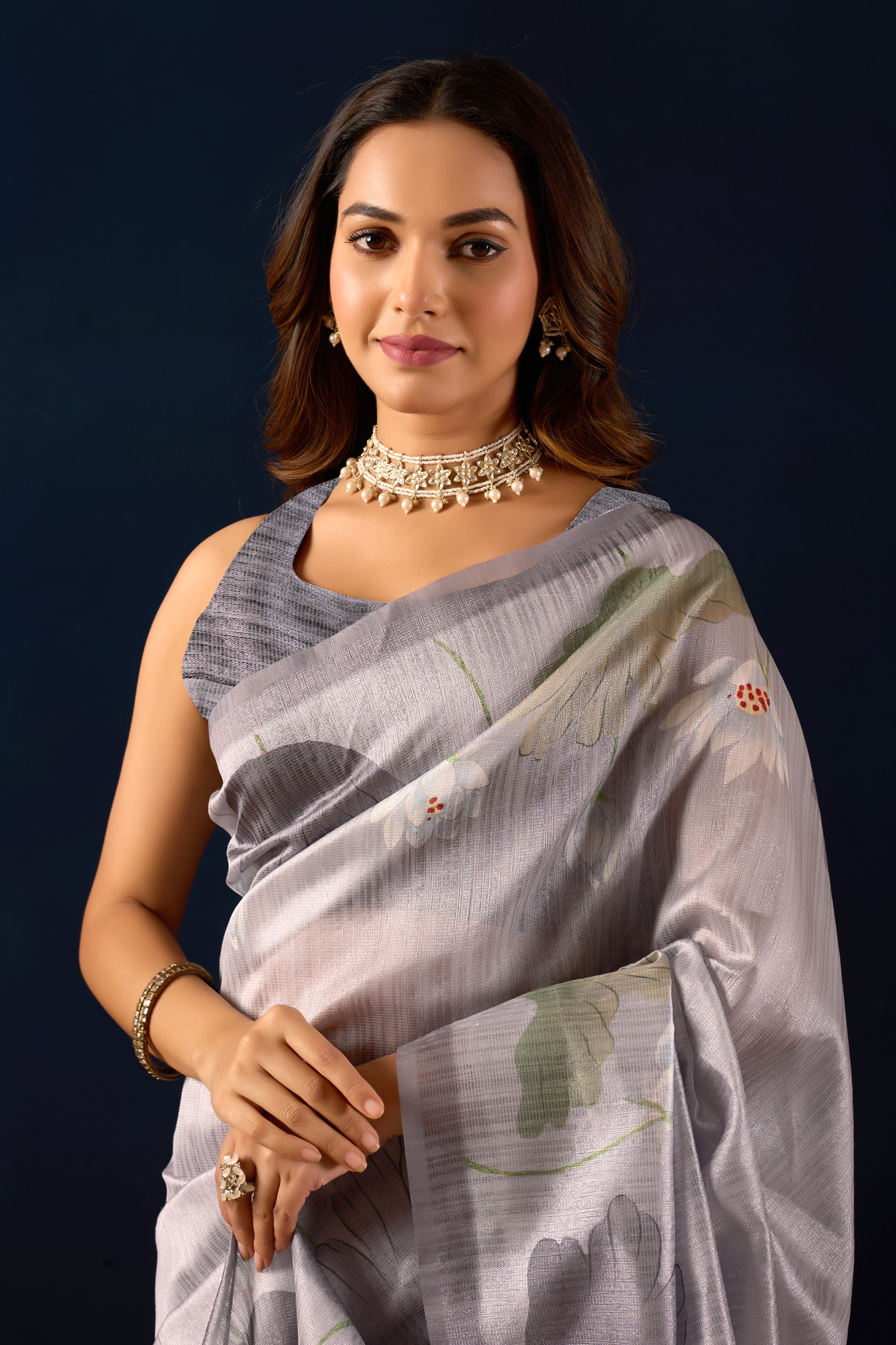 Grey Floral Printed Jute Silk Ready To Wear Saree