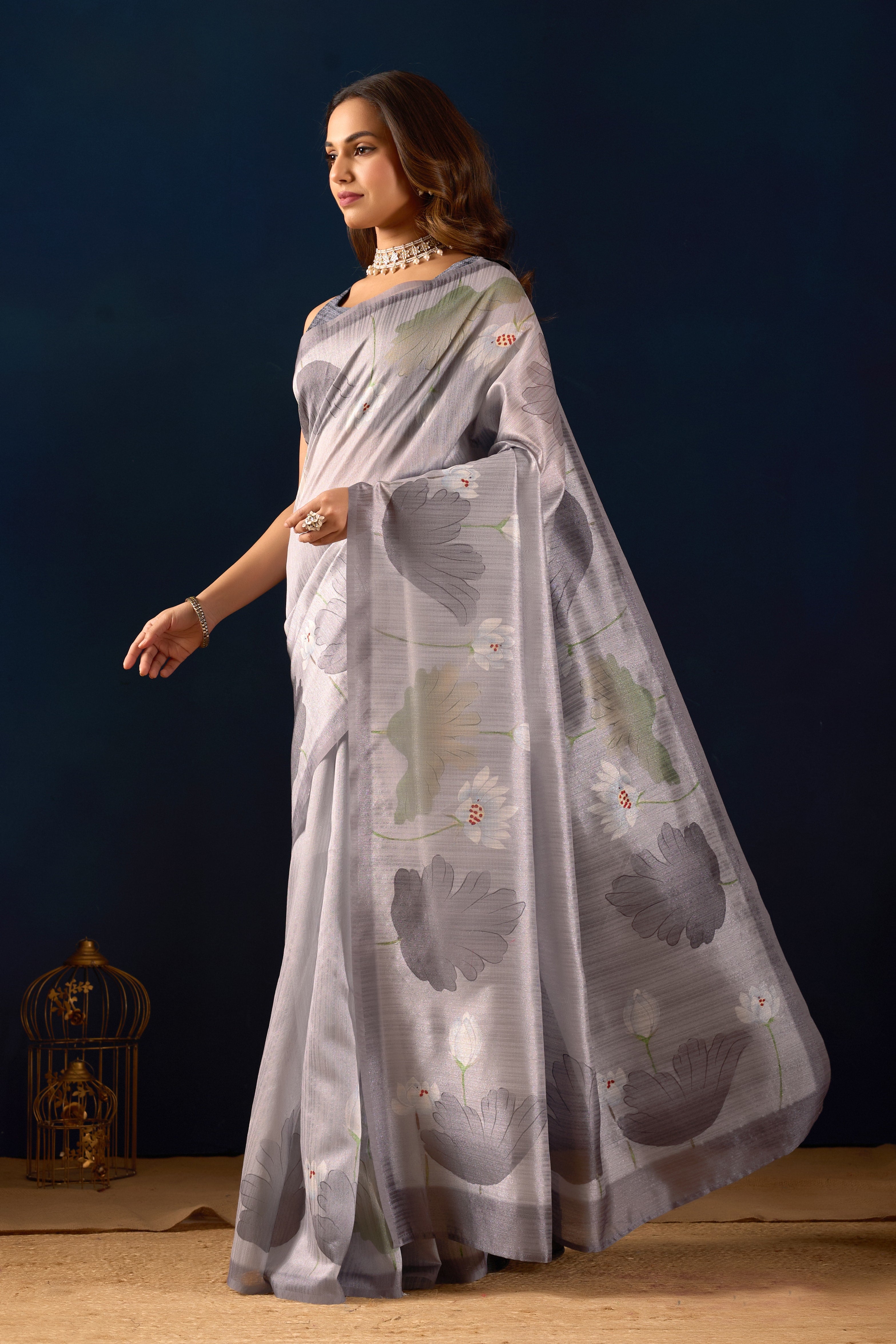 Shimmering Ash Grey Tissue Saree with Shadowy Botanical Accents