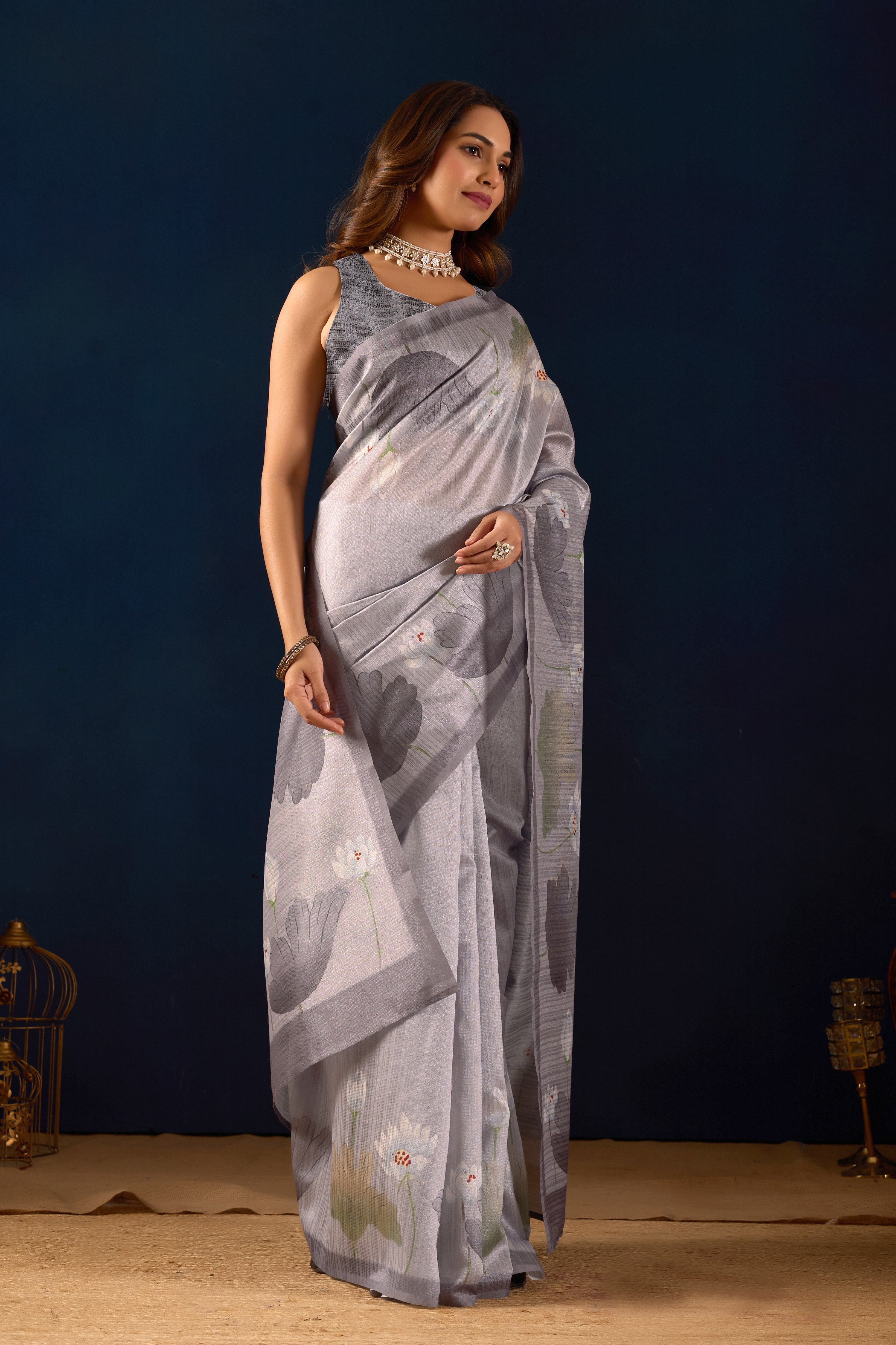 Grey Floral Printed Jute Silk Ready To Wear Saree