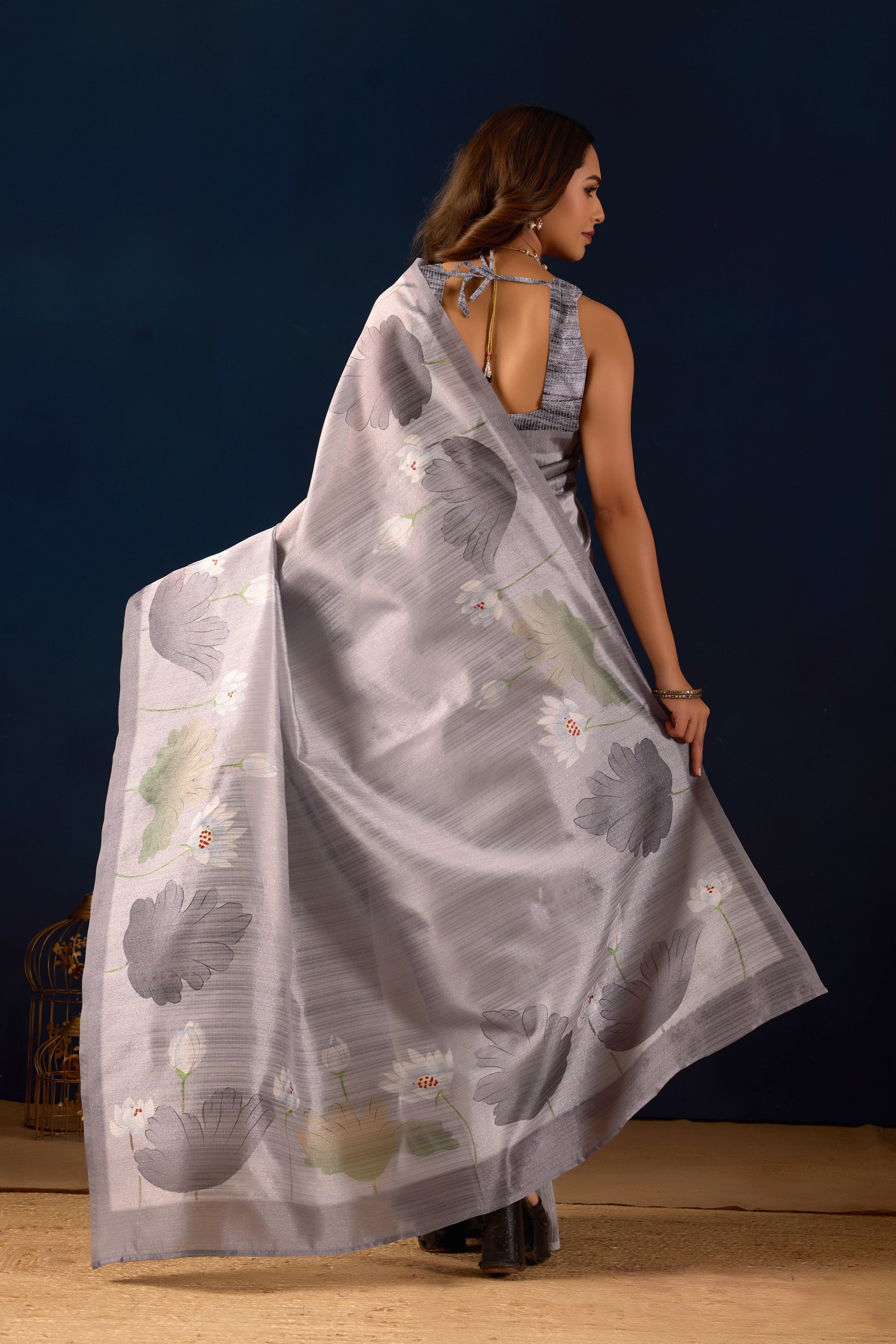Grey Floral Printed Jute Silk Ready To Wear Saree