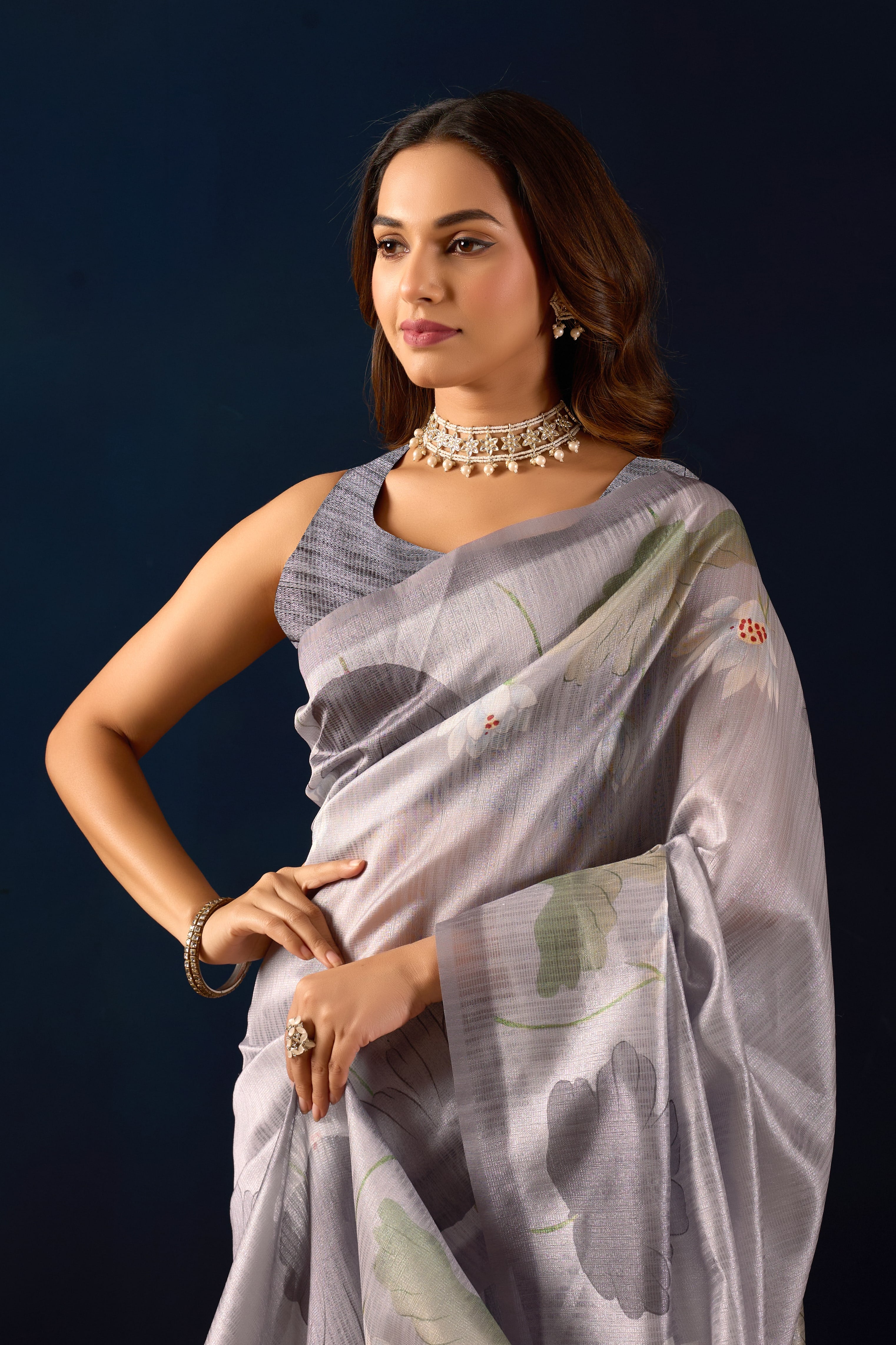 Grey Floral Printed Jute Silk Ready To Wear Saree
