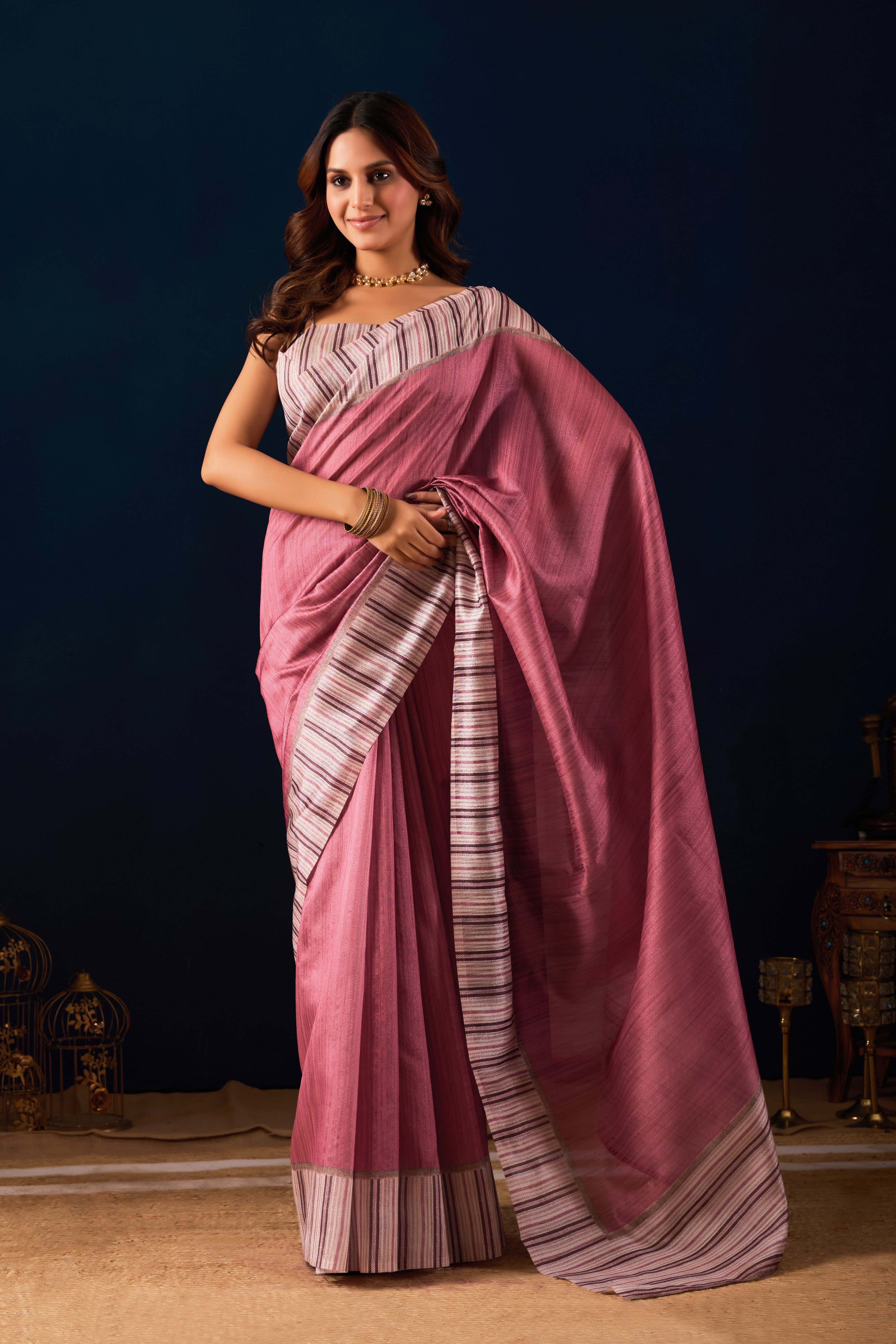 A Textured Jute Silk Masterpiece with Architectural Striped Accents.