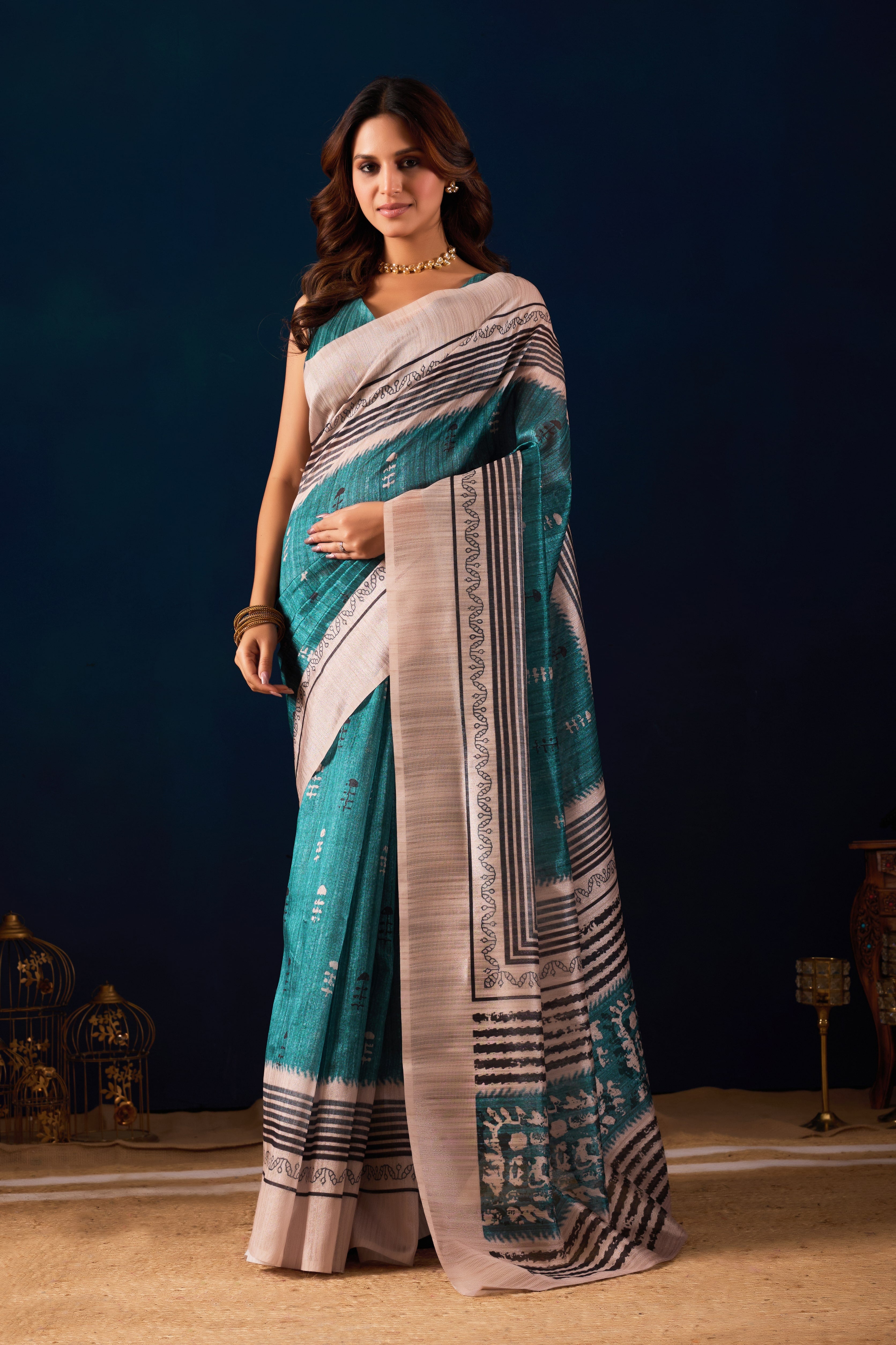 Contemporary Hand-Block Print Saree in Teal and Cream.