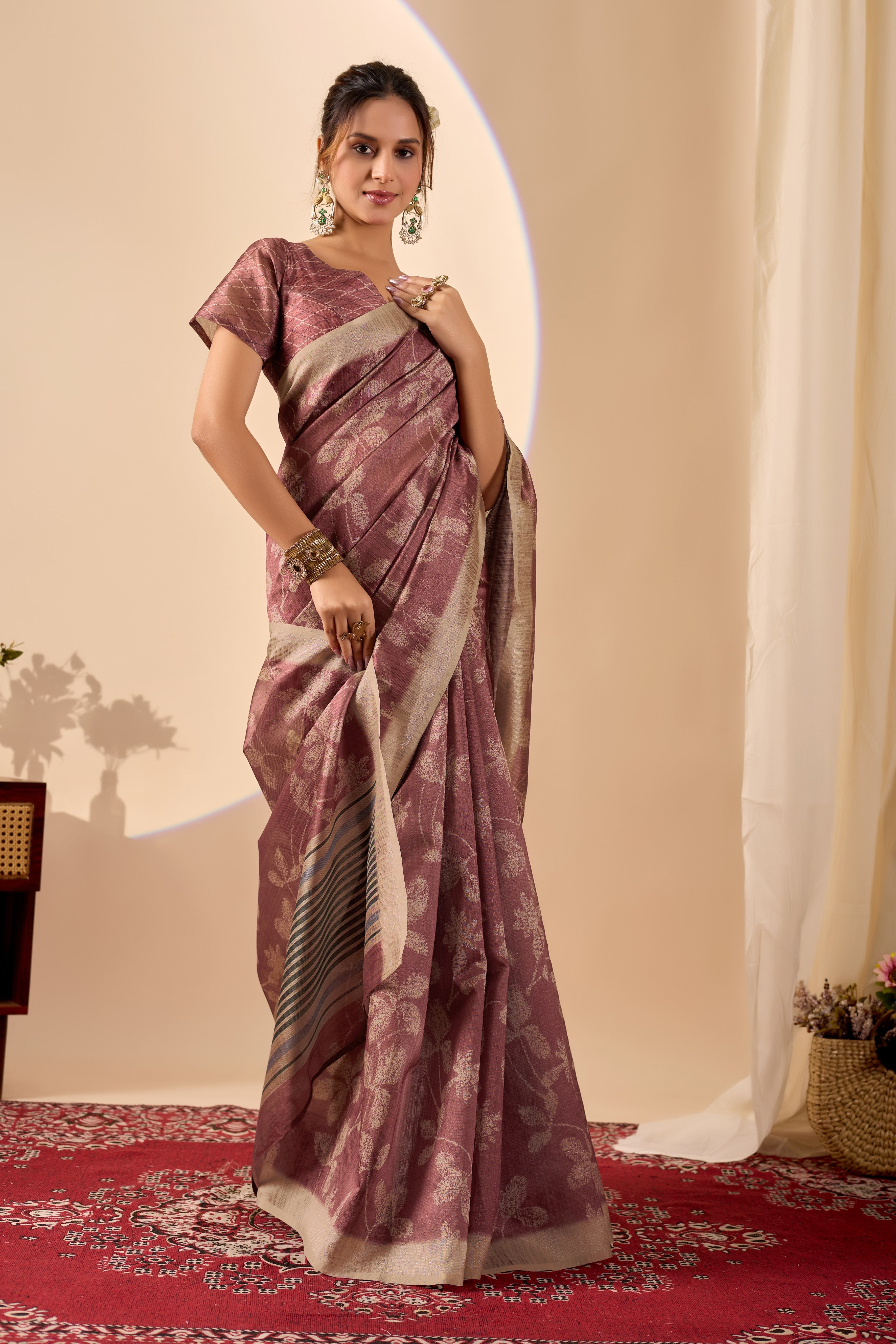 Rust flower golden work shinee glass saree
