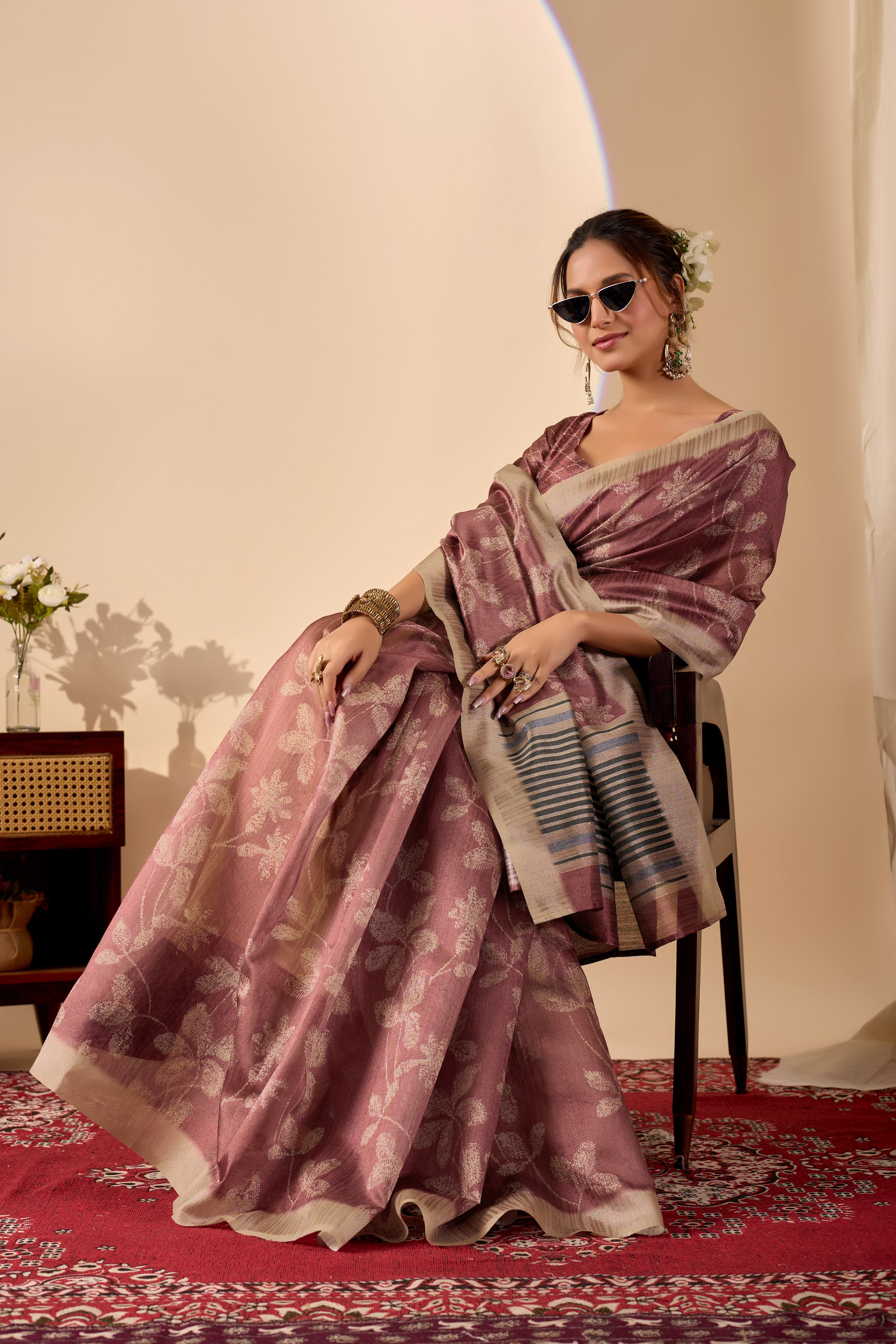 Rust flower golden work shinee glass saree