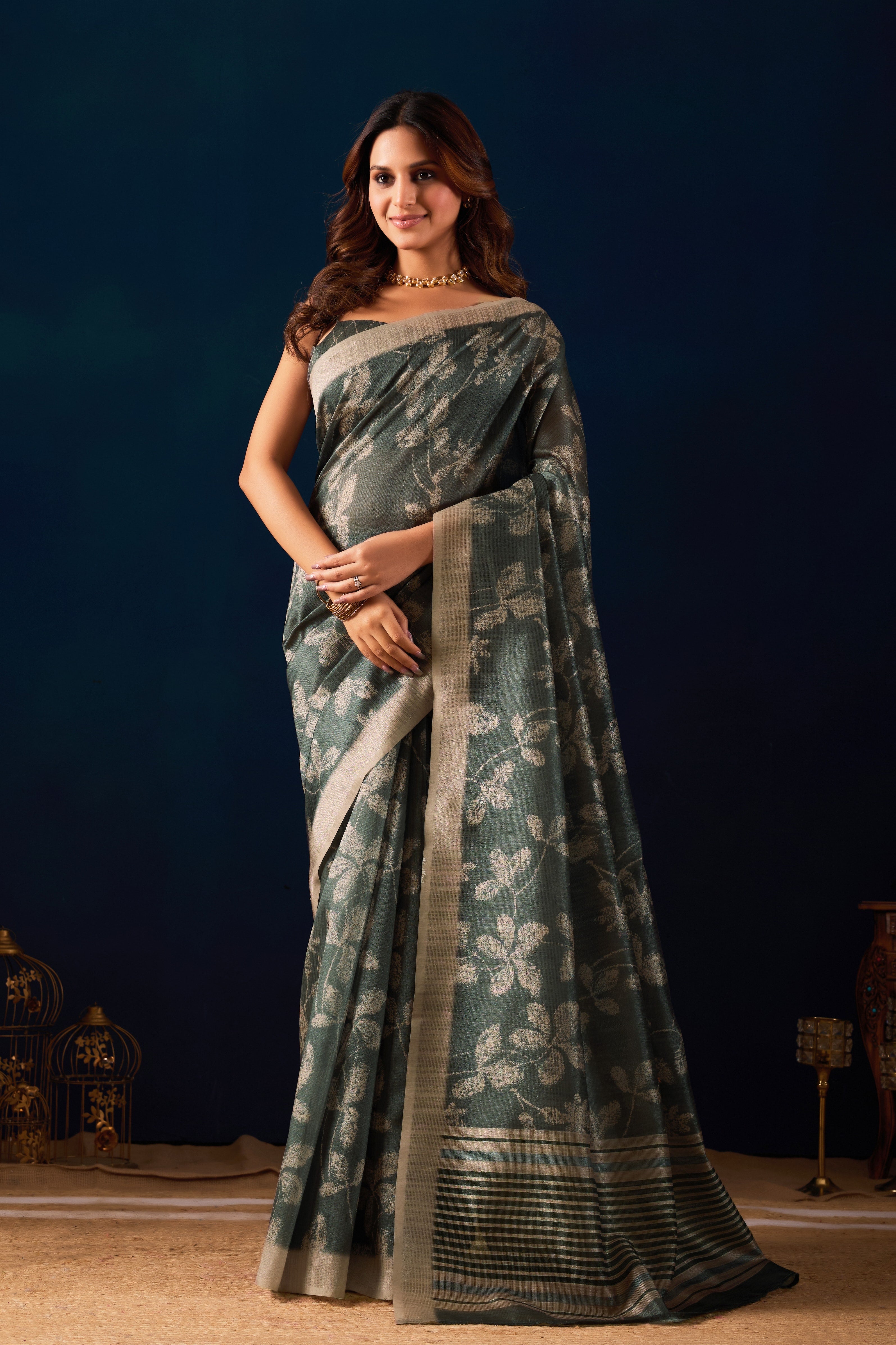 Likely a Silk-Cotton blend or Chanderi Silk with a subtle sheen.