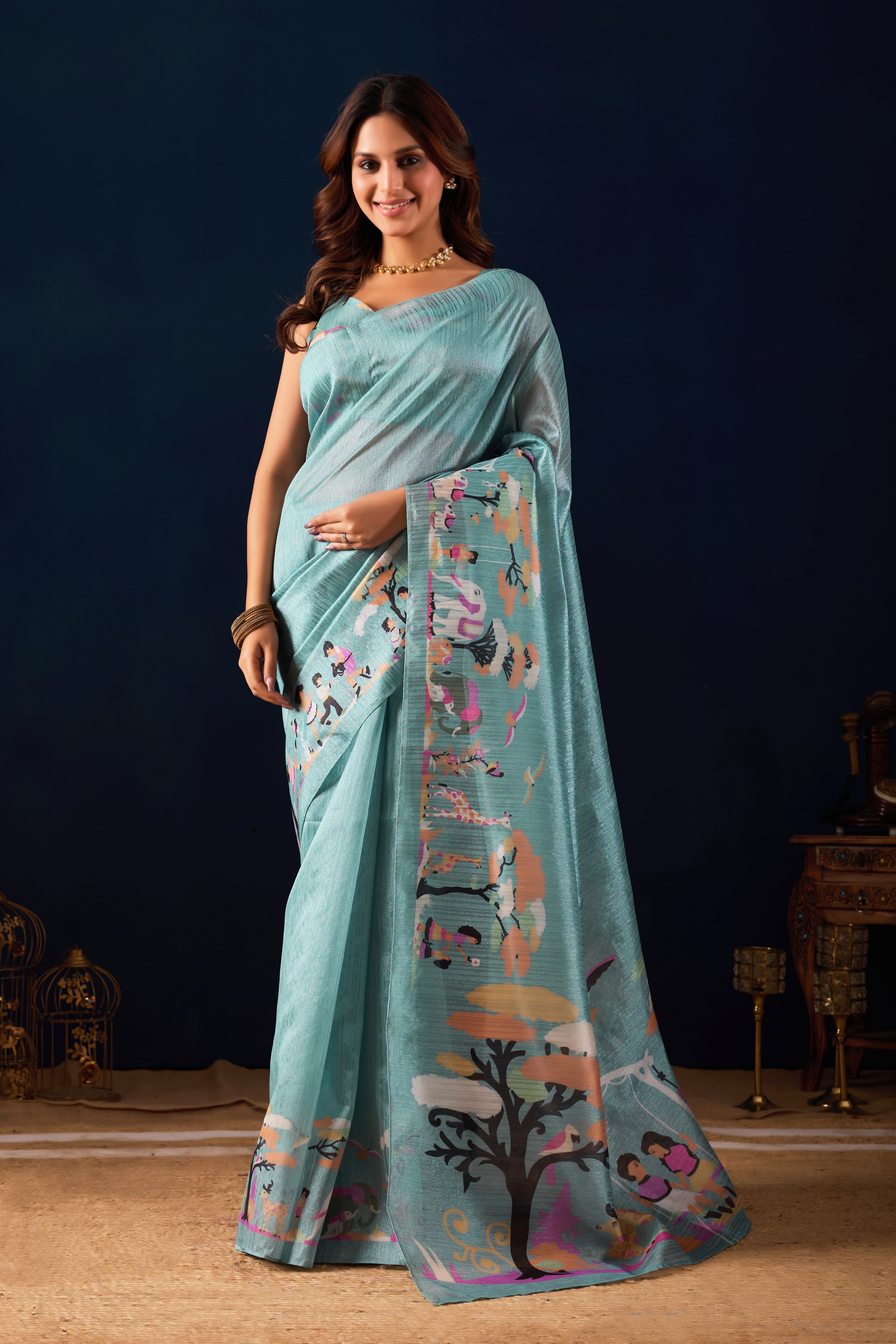 Pastel Seafoam Saree in Premium Dola Silk with Artistic Tree & Figure Border