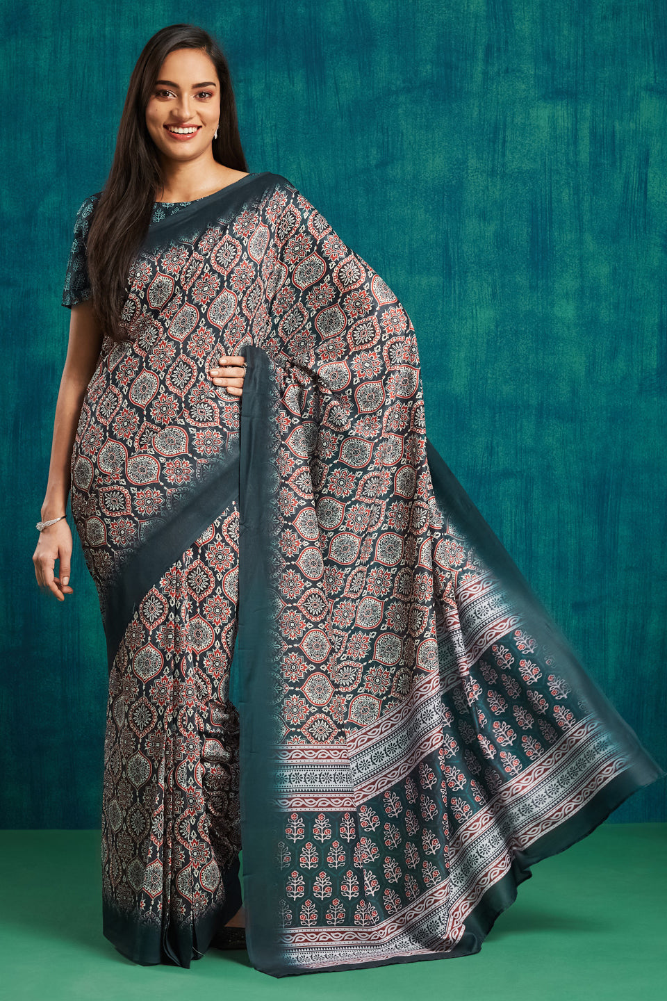 Ajrakh Printed Muslin Cotton Ready To Wear Pocket Saree