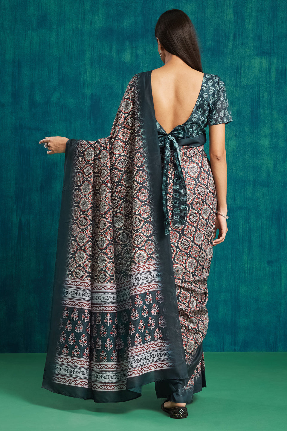Ajrakh Printed Muslin Cotton Ready To Wear Pocket Saree