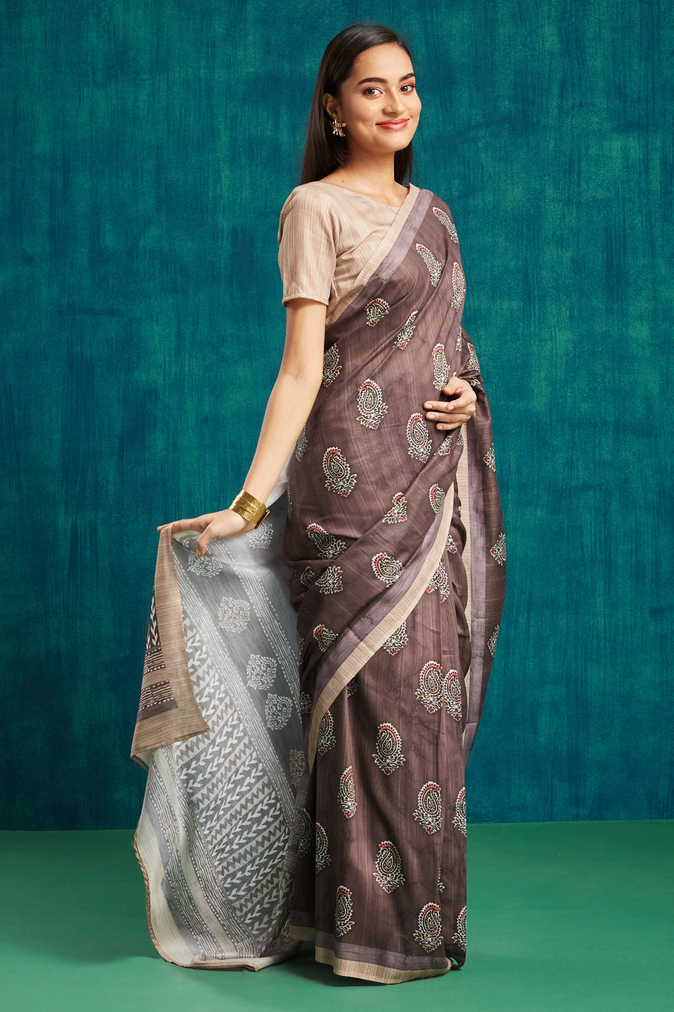 Paisley Printed Muslin Cotton Ready To Wear Pocket Saree