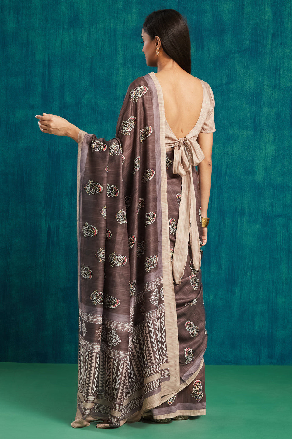 Paisley Printed Muslin Cotton Ready To Wear Pocket Saree