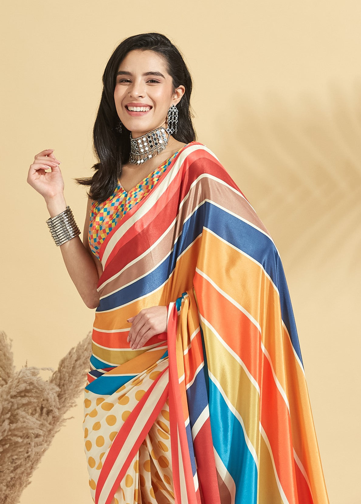 Digital Print Polka Dots Color Stripes Satin Crape  Saree