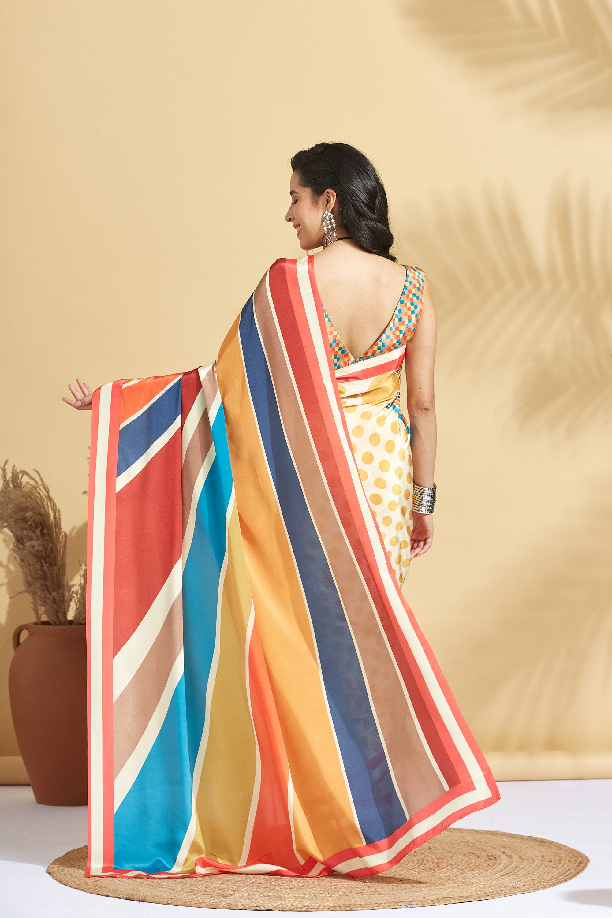 Digital Print Polka Dots Color Stripes Satin Crape  Saree