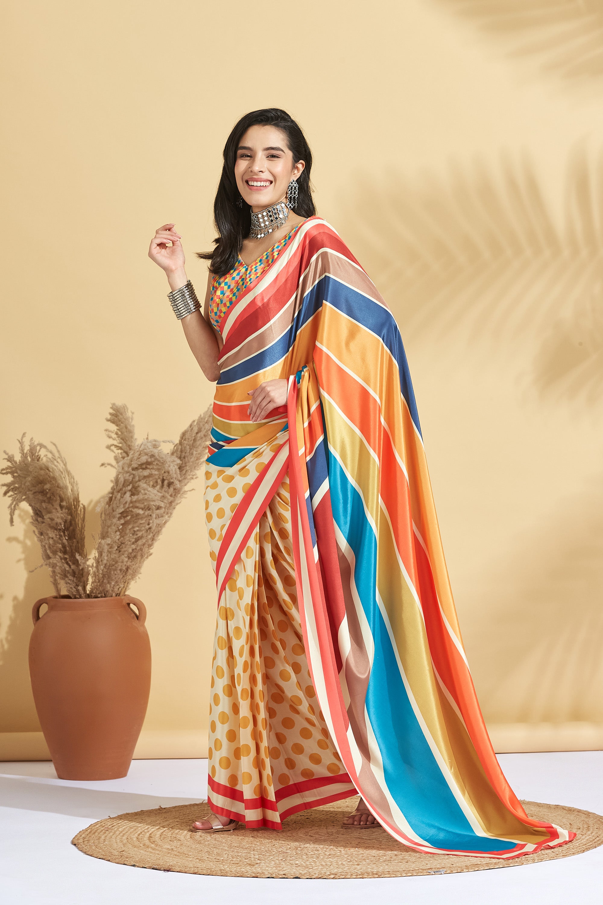 Digital Print Polka Dots Color Stripes Satin Crape  Saree