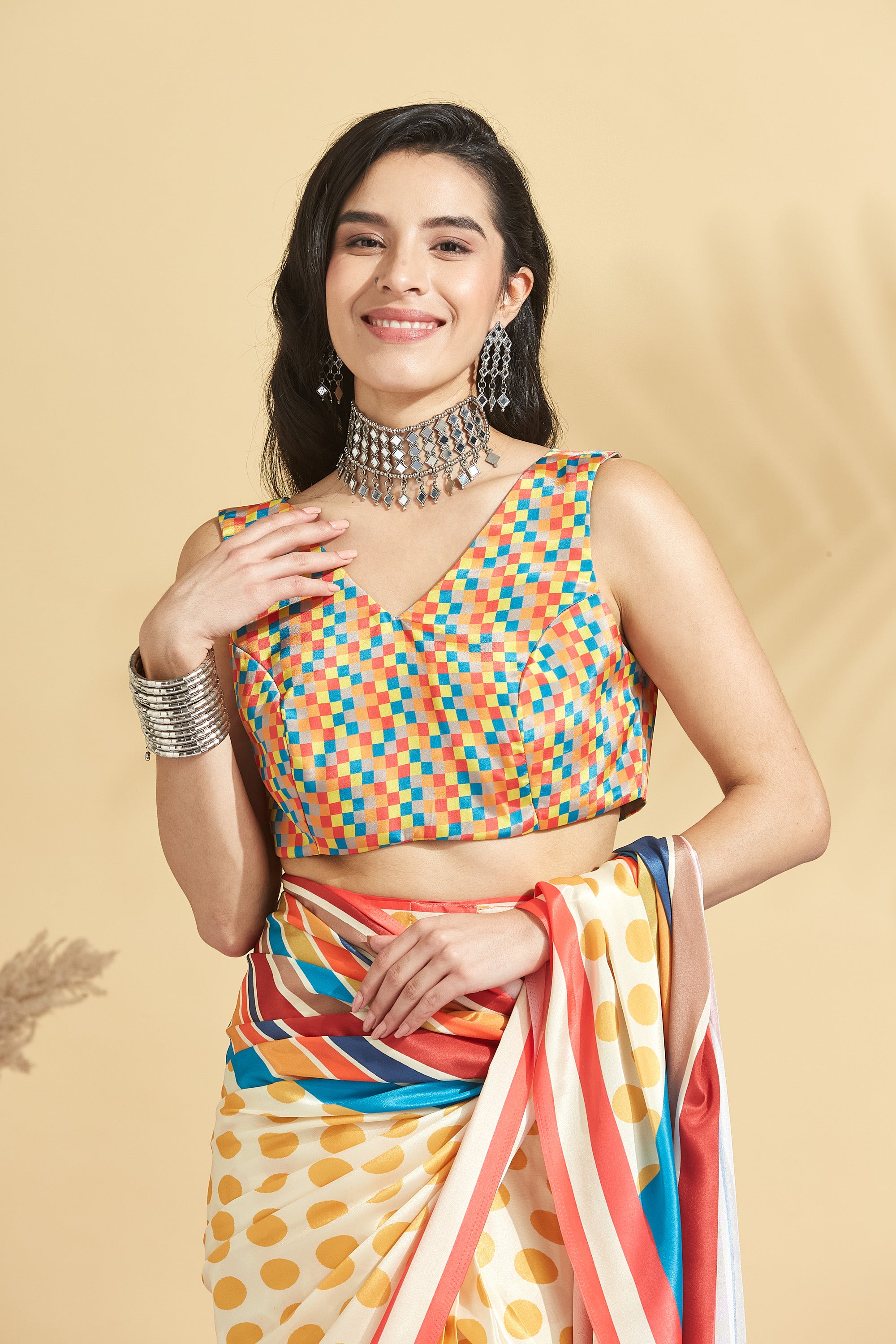 Digital Print Polka Dots Color Stripes Satin Crape  Saree