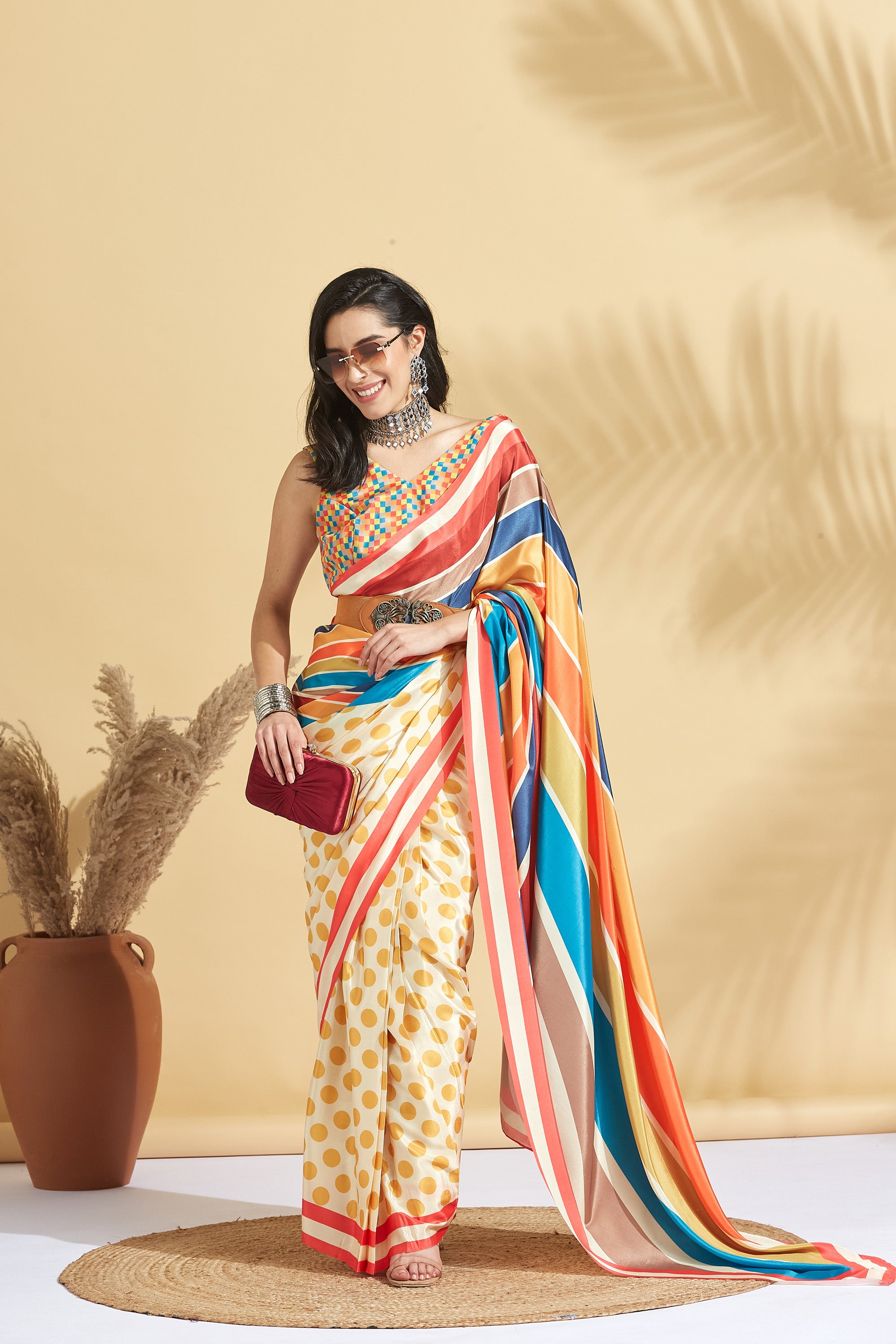 Digital Print Polka Dots Color Stripes Satin Crape  Saree