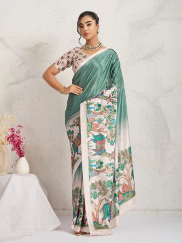 Grey Floral Printed Satin Party Wear Saree