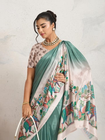 Grey Floral Printed Satin Party Wear Saree